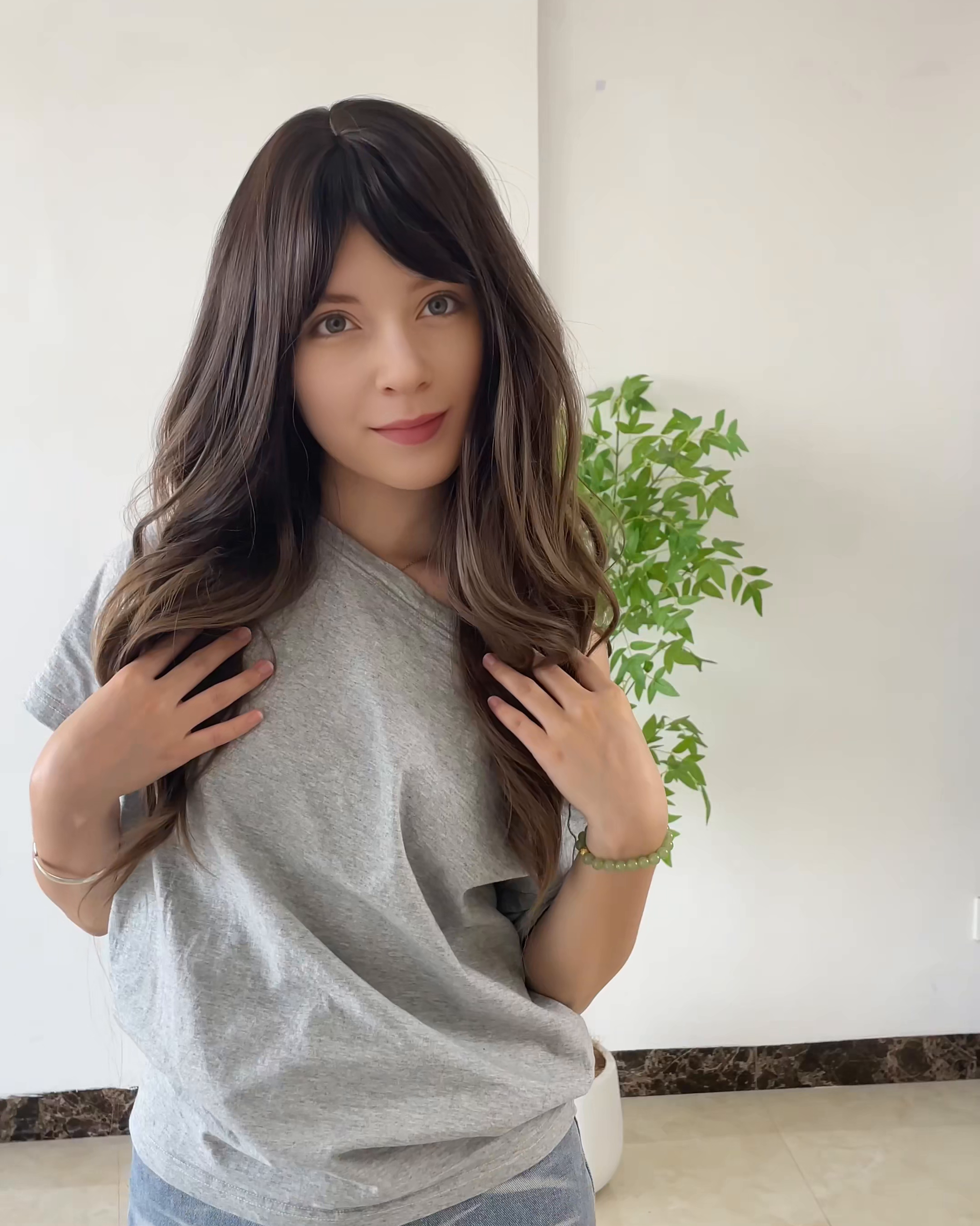 26 Inches Brown Long Wavy Wig with Bangs