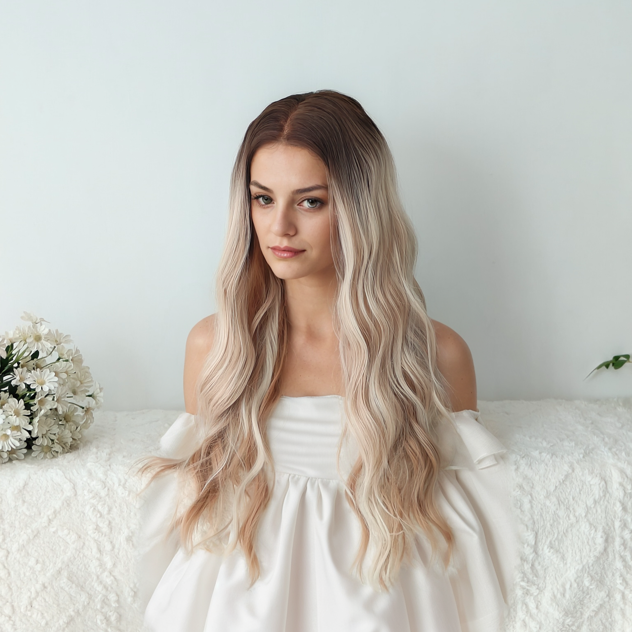 Nancy 26” Body Wave HD Lace Front Wig - Ombre White Blonde, Hand-Tied Monofilament Top