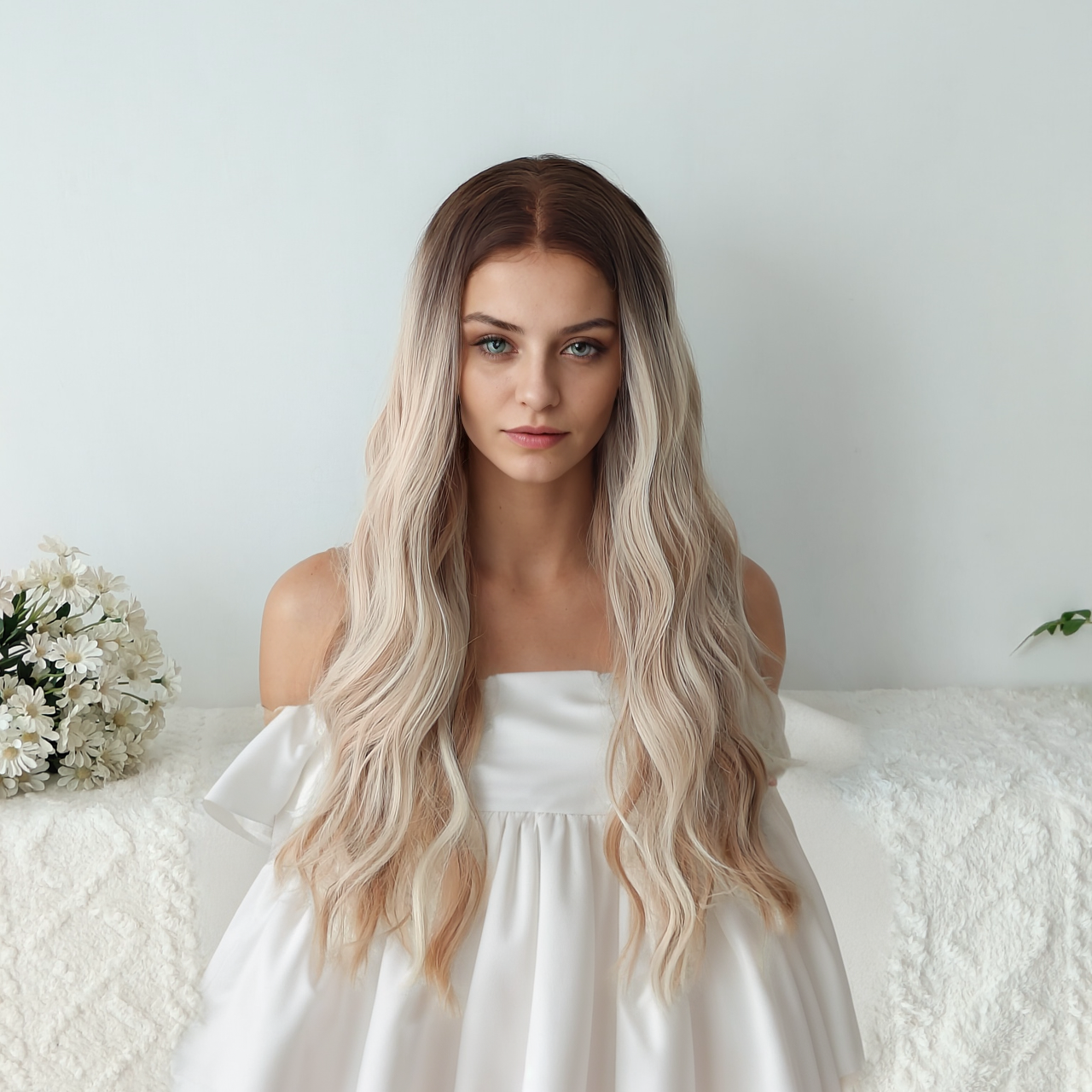 Nancy 26” Body Wave HD Lace Front Wig - Ombre White Blonde, Hand-Tied Monofilament Top