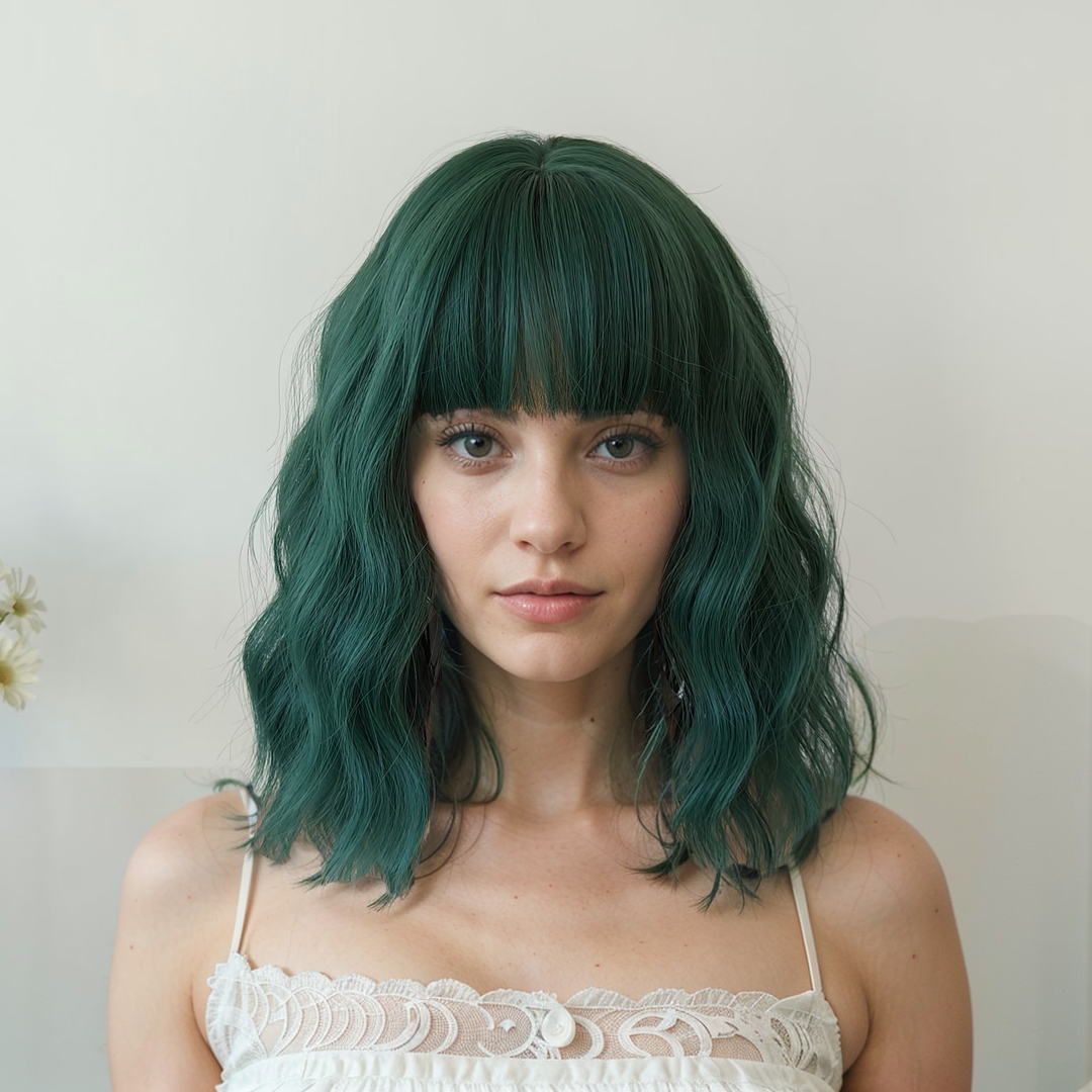 Paisley Green Short Wavy Wig with bangs