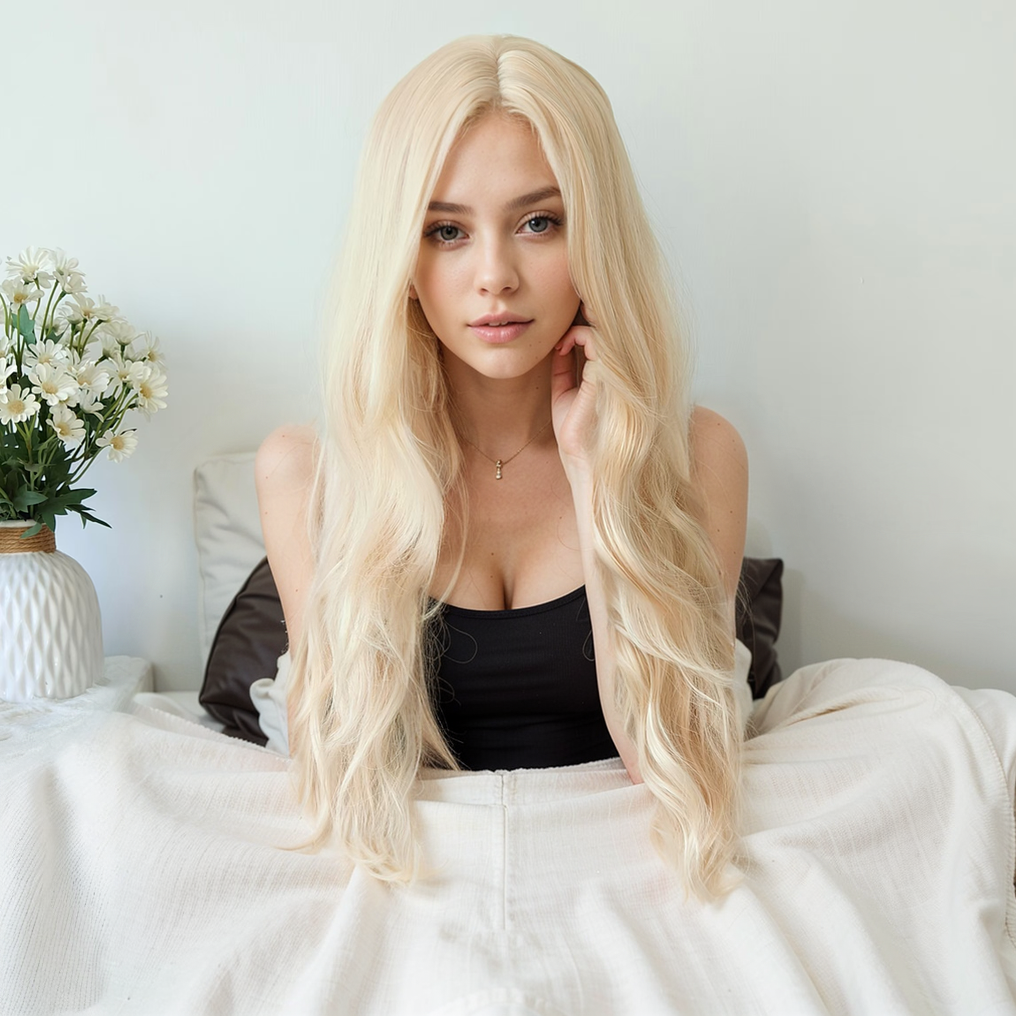 Ellie White blonde long wave wig without bangs