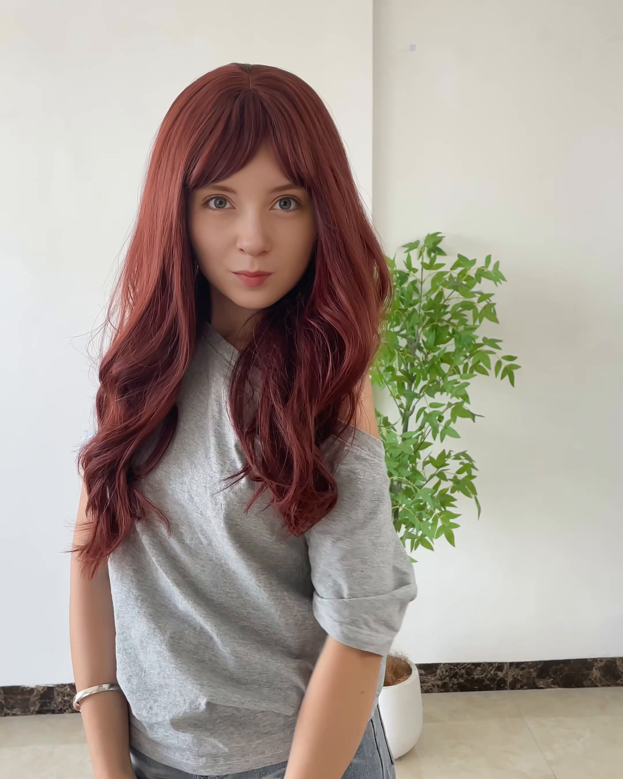 26 Inches Red Long Wavy Wig with Bangs