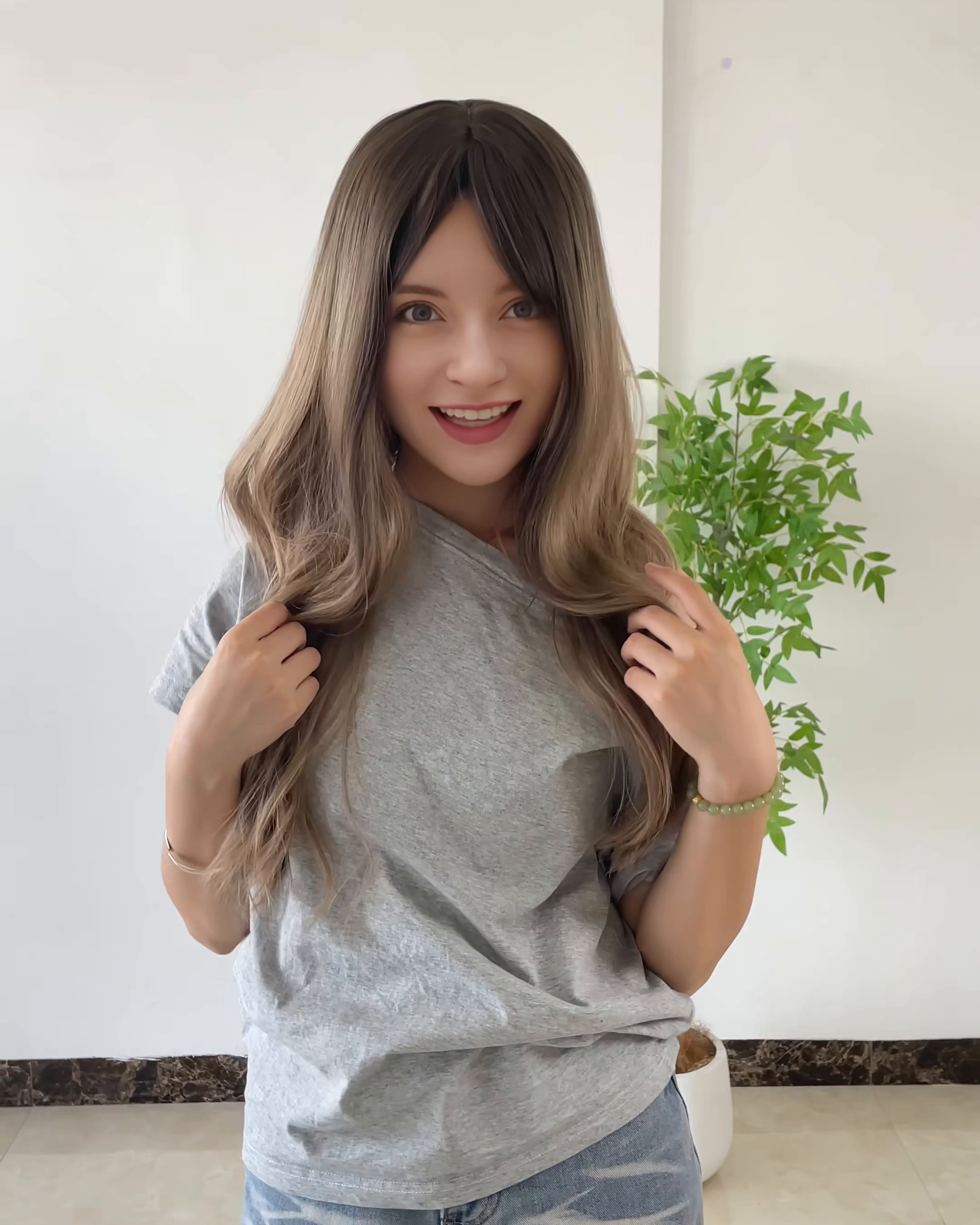 Brown Long Wavy Wig with Bangs