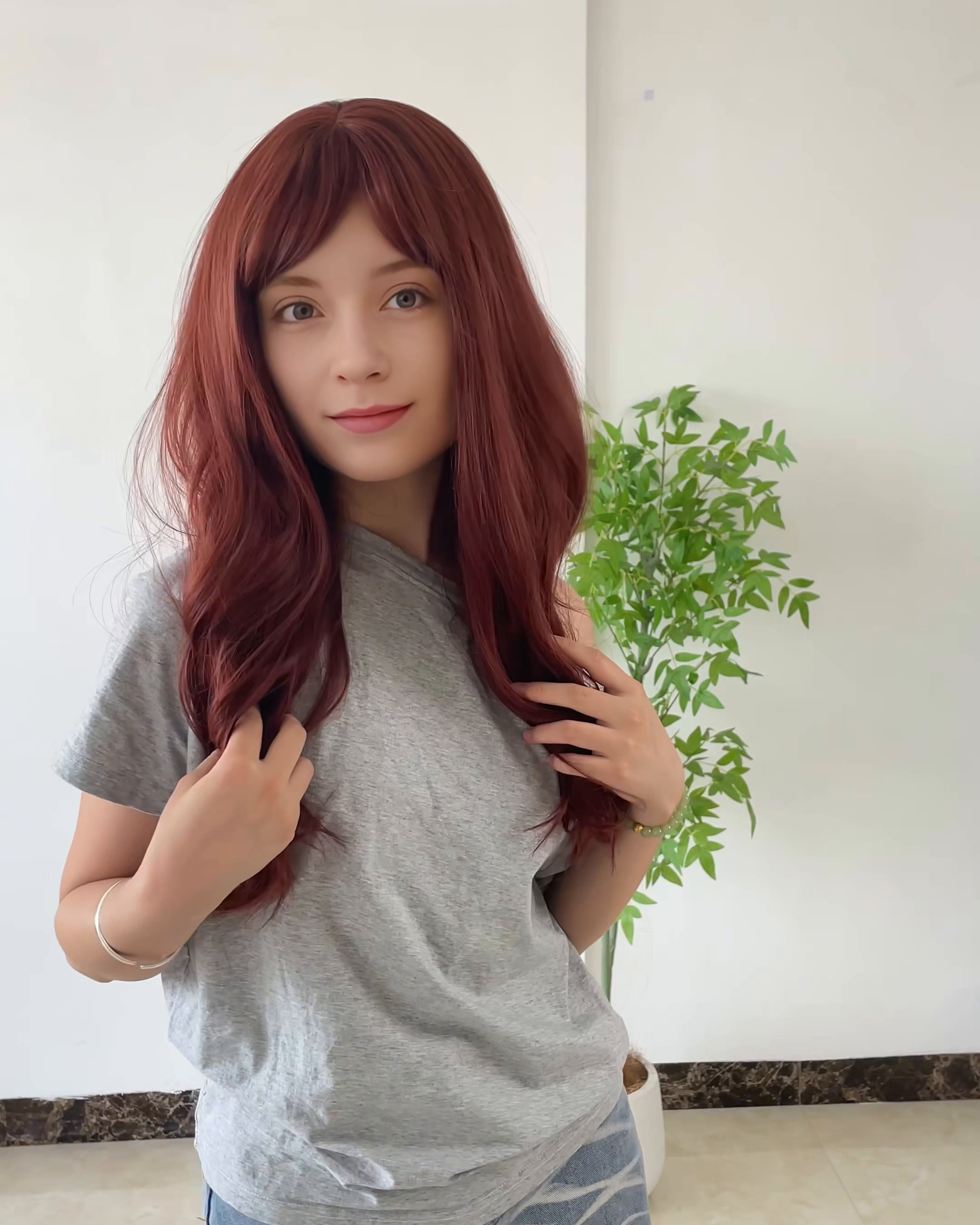 26 Inches Red Long Wavy Wig with Bangs
