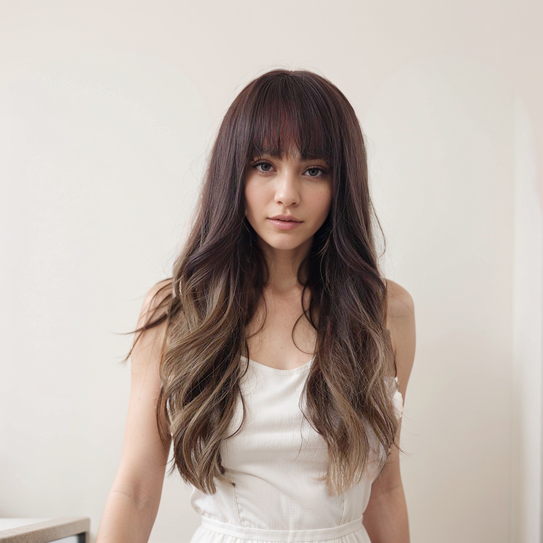 Amelia 26 Inches Brown Long Wavy Wig with Bangs