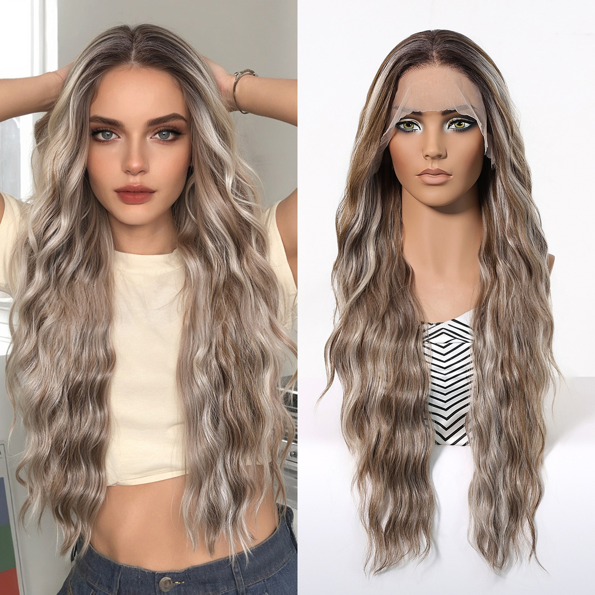 Thea | Ombré Grey Long Wavy 13*6 HD Lace Frontal Wig (Hand-Tied)