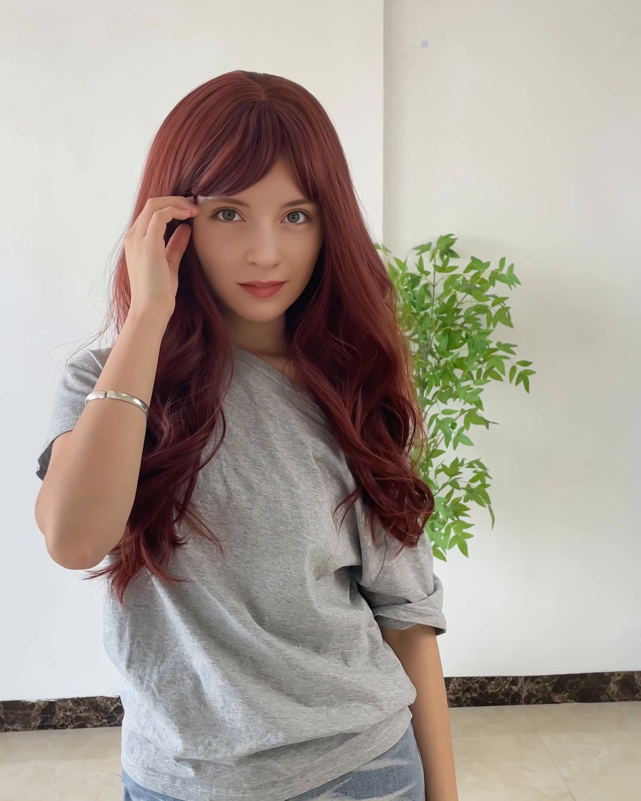26 Inches Red Long Wavy Wig with Bangs