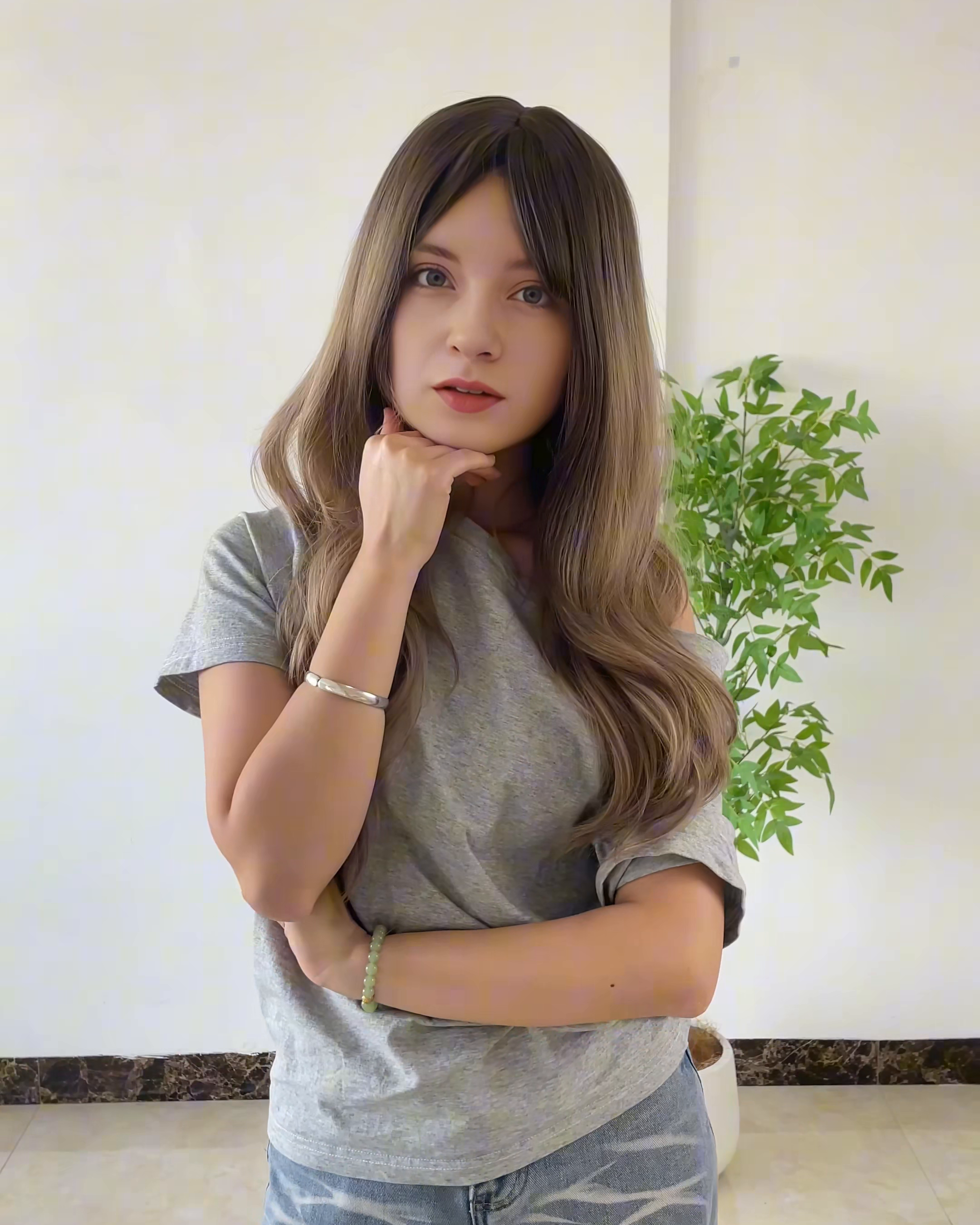 Brown Long Wavy Wig with Bangs