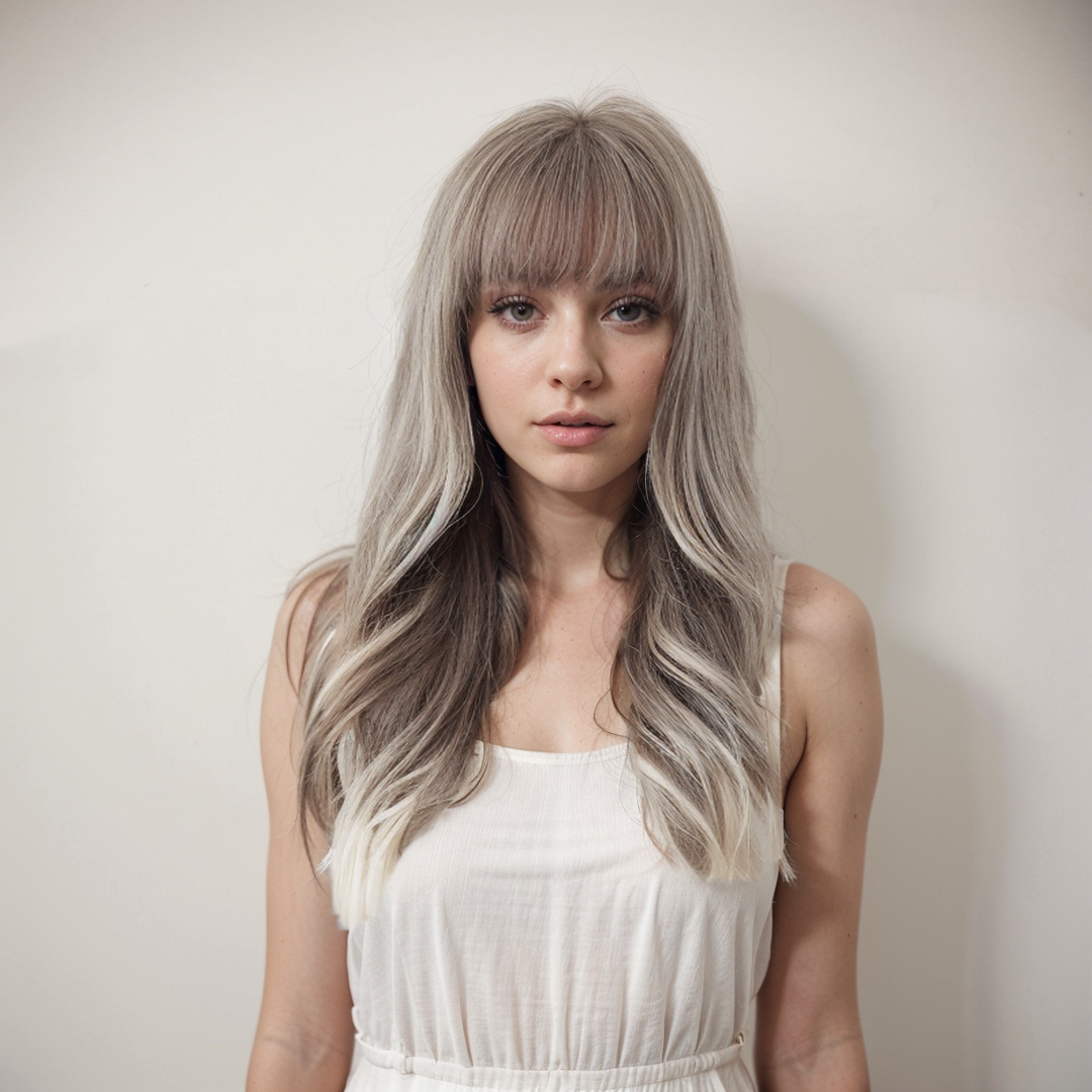 Evelyn Grey Long Wavy Wig with Bangs