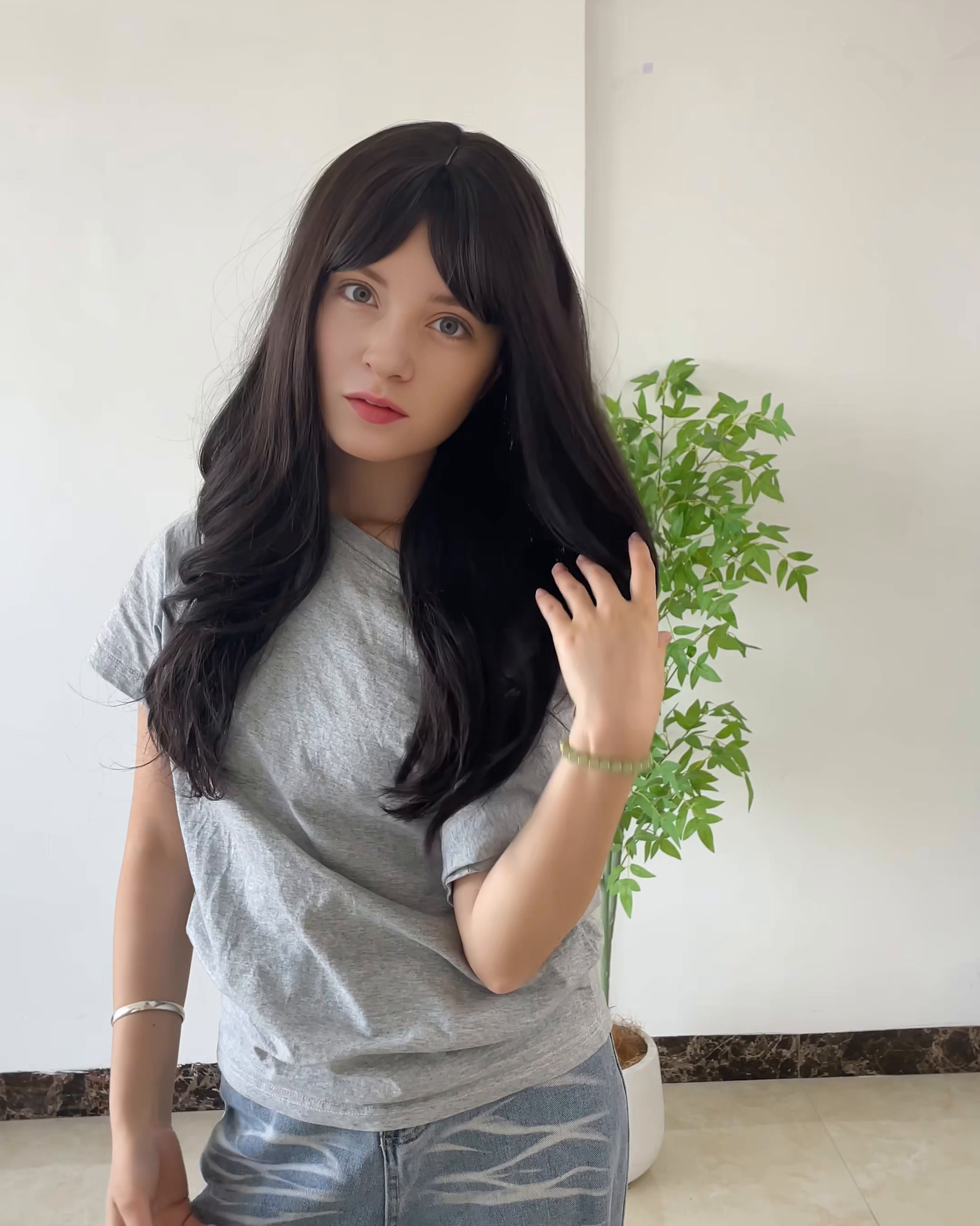 Dark Brown Long Wavy Wig with Bangs