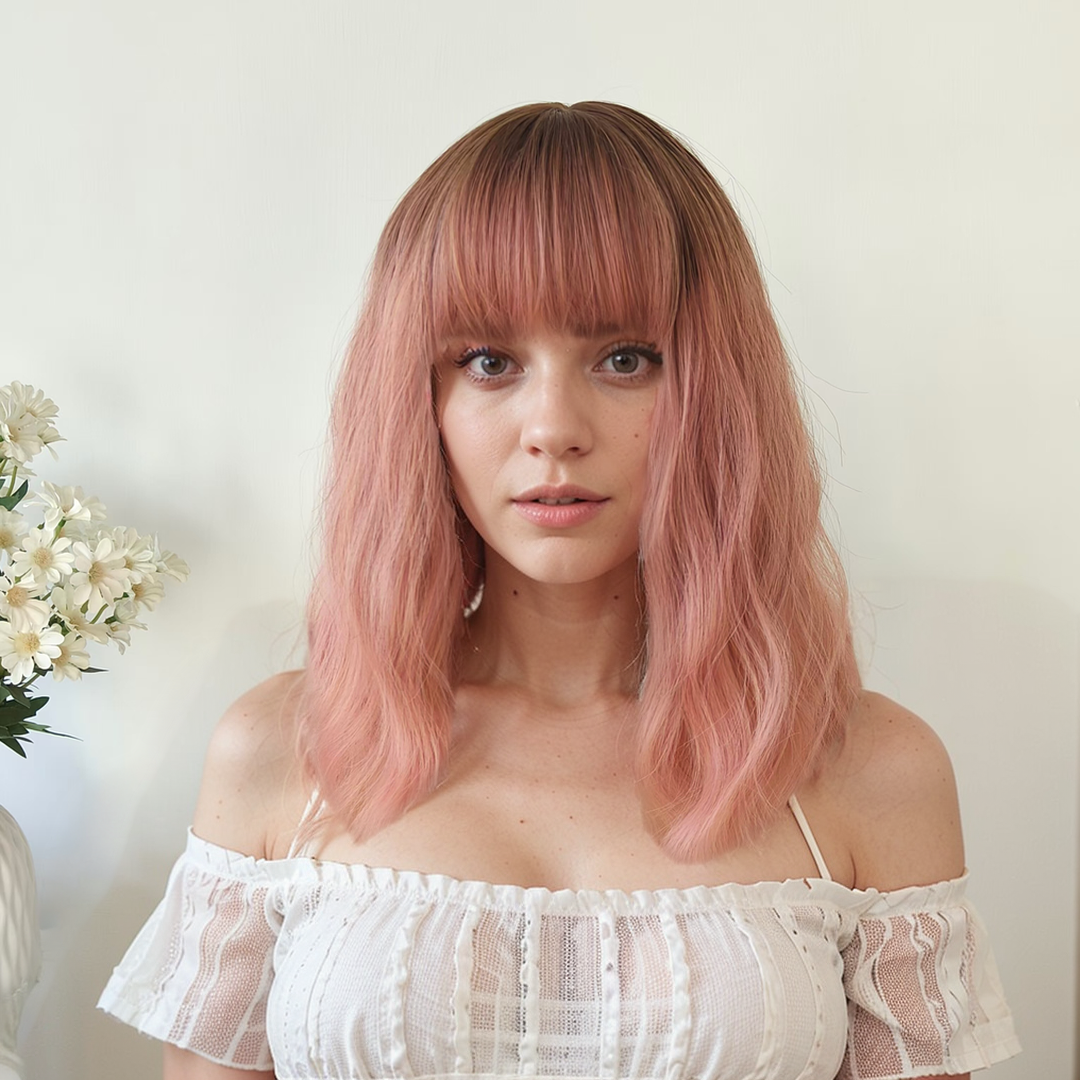 Riley Pink Short Wavy Wig with Bangs