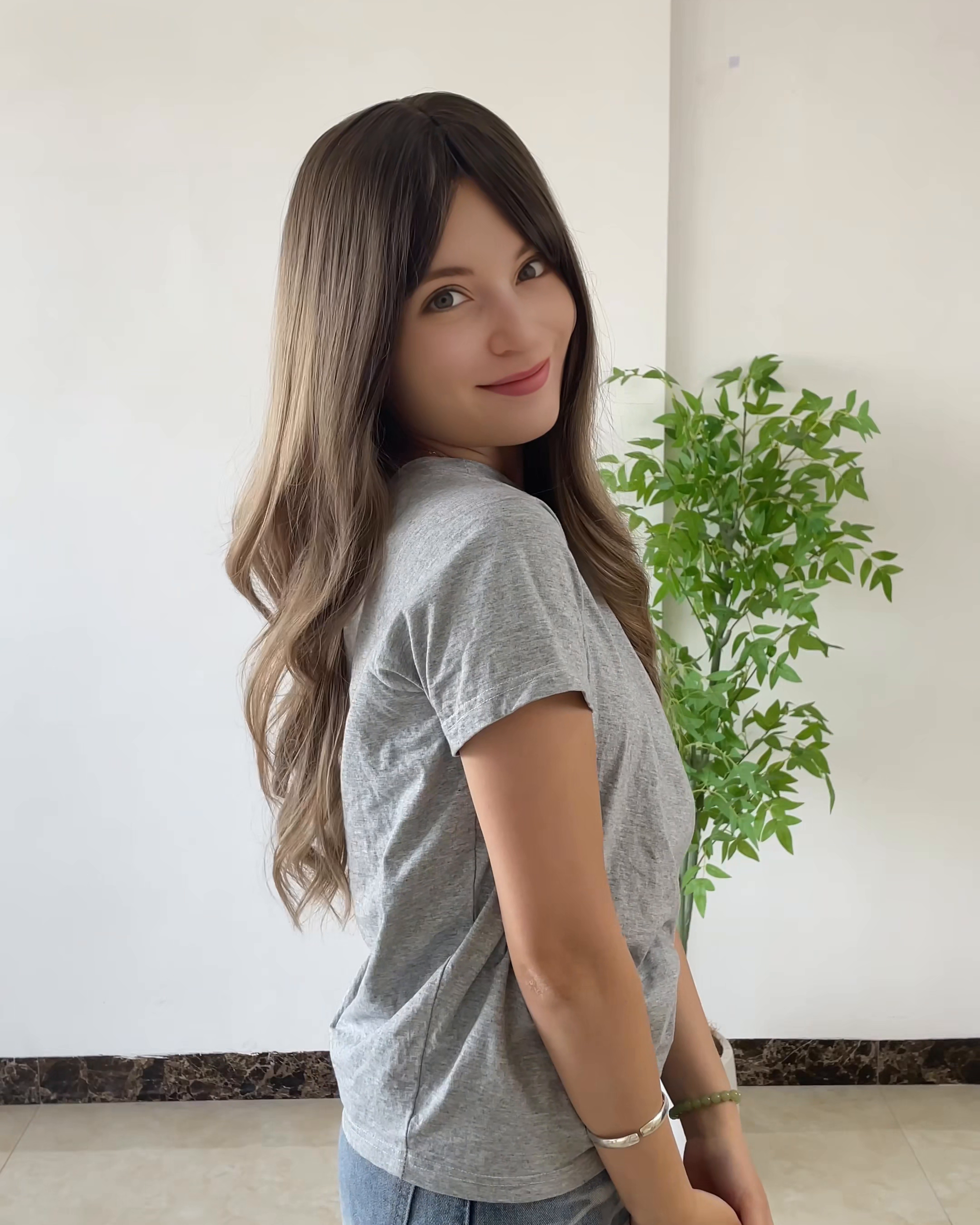 Brown Long Wavy Wig with Bangs