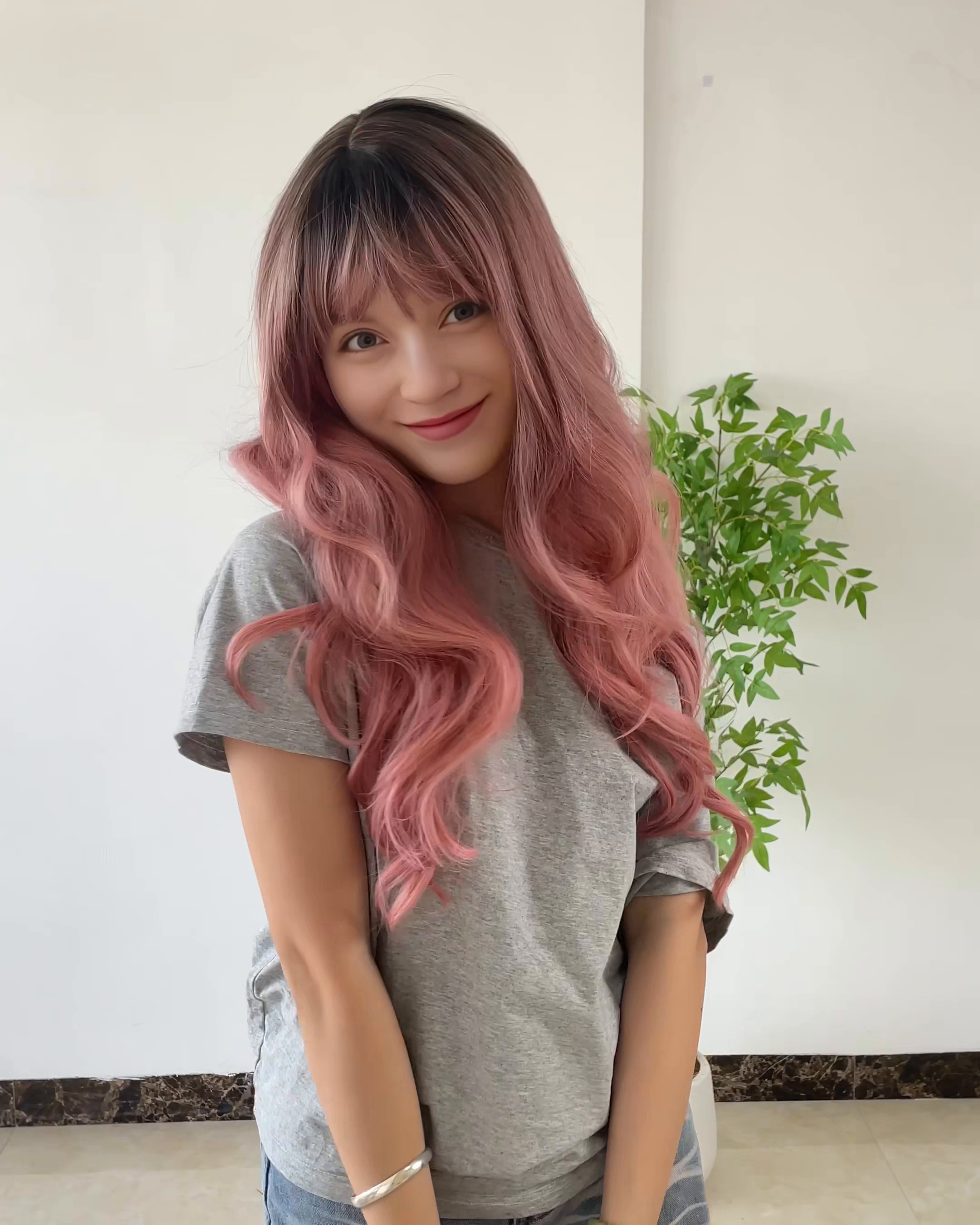 Pink Long Wavy Wig with Bangs