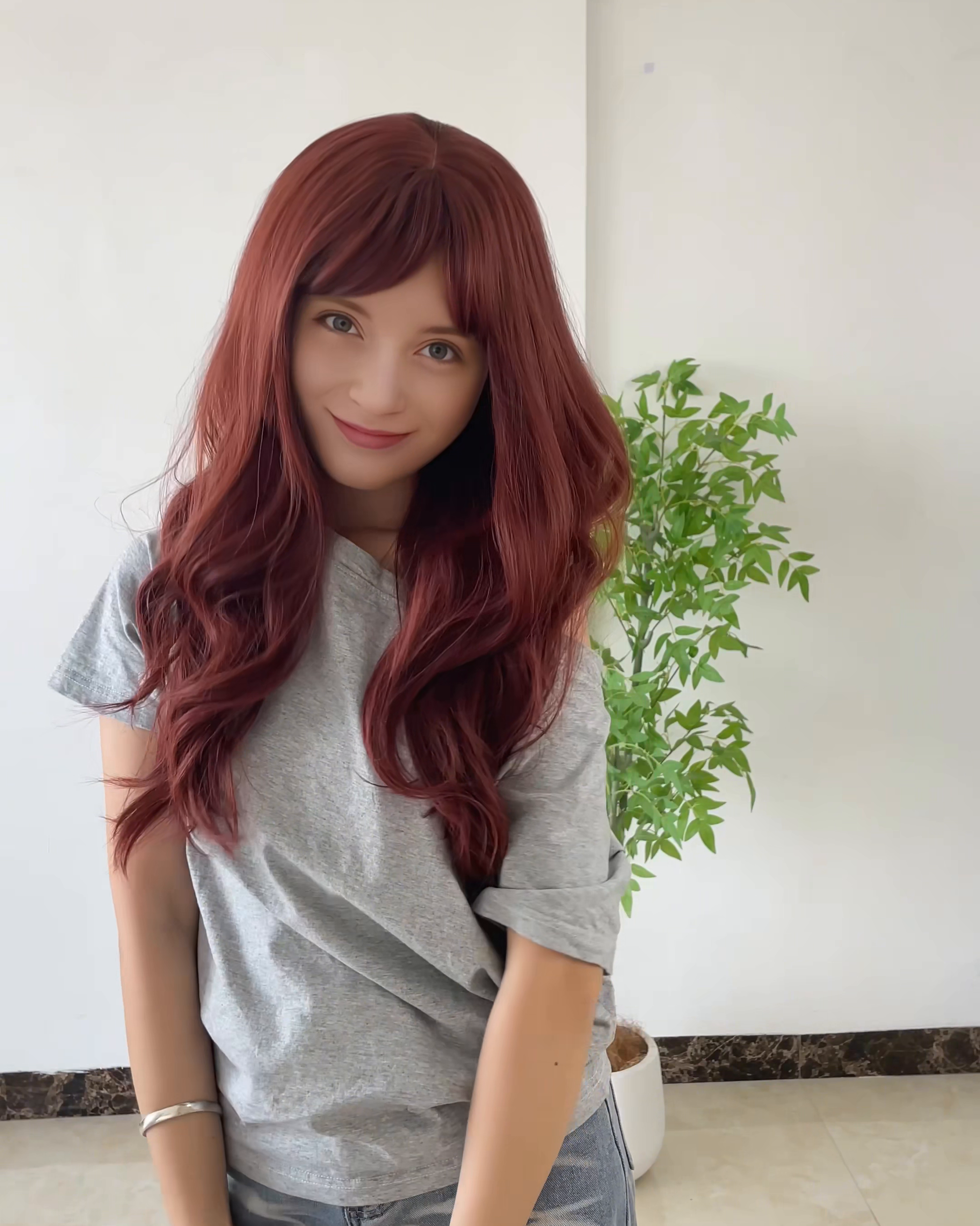 26 Inches Red Long Wavy Wig with Bangs