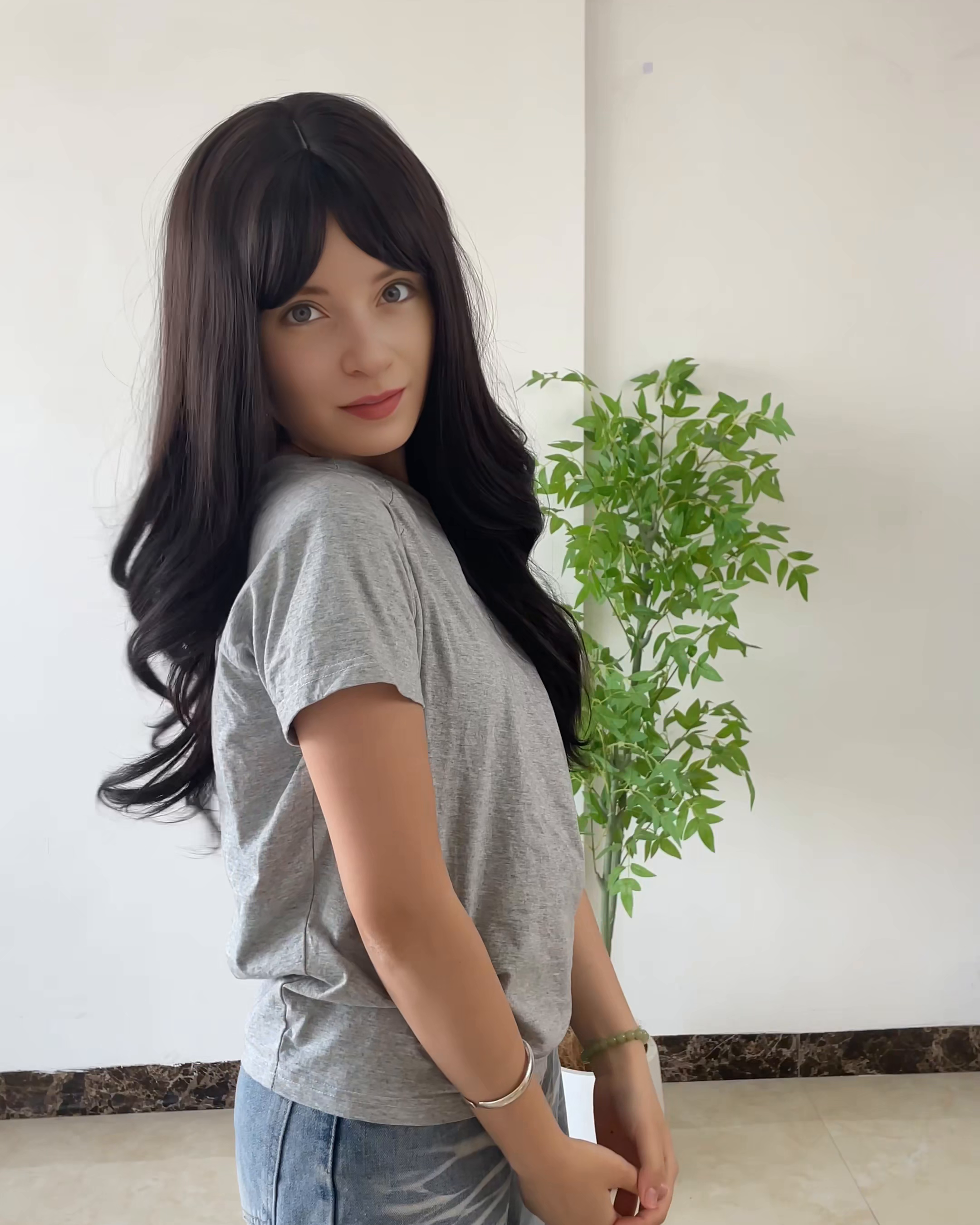 Dark Brown Long Wavy Wig with Bangs