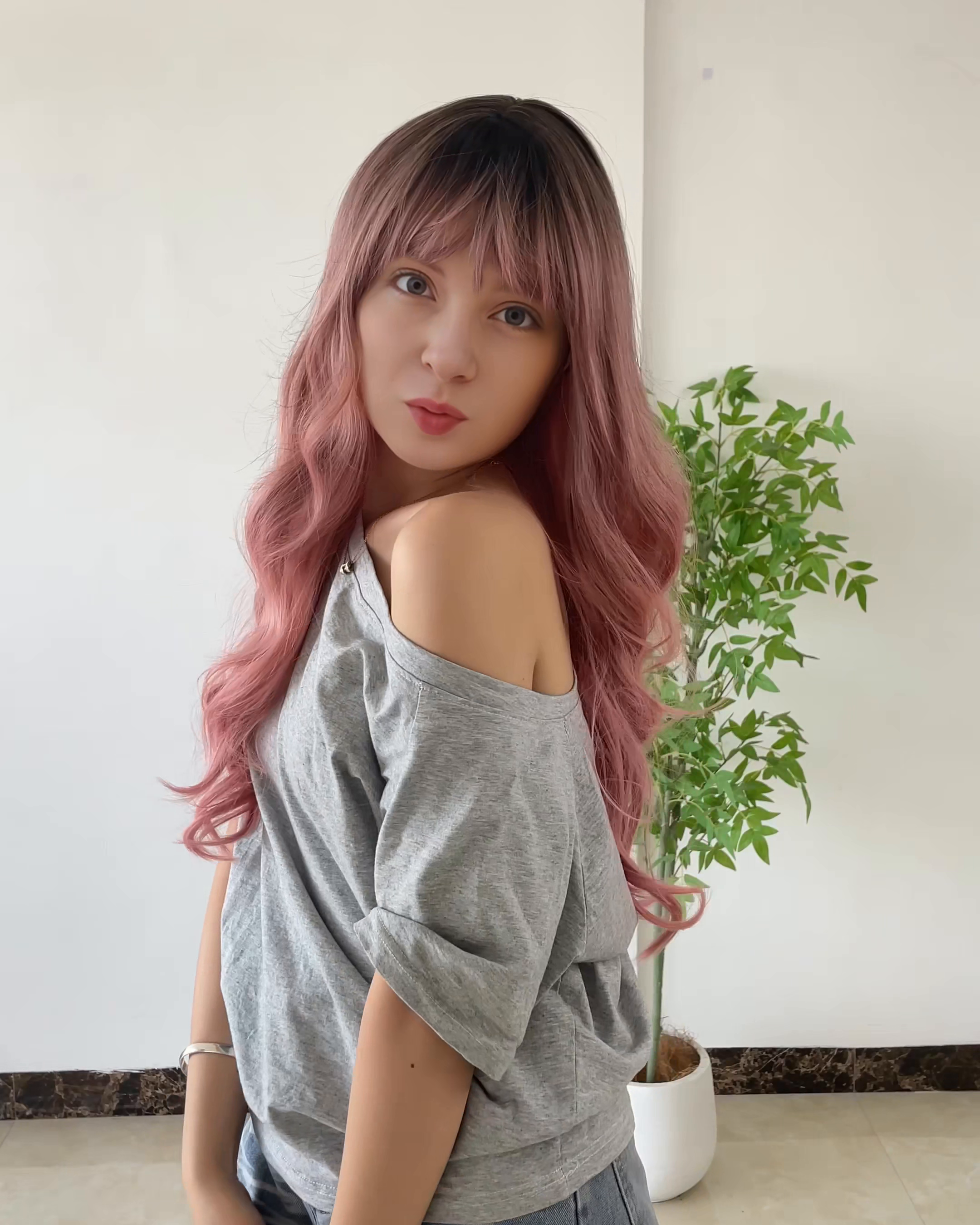 Pink Long Wavy Wig with Bangs
