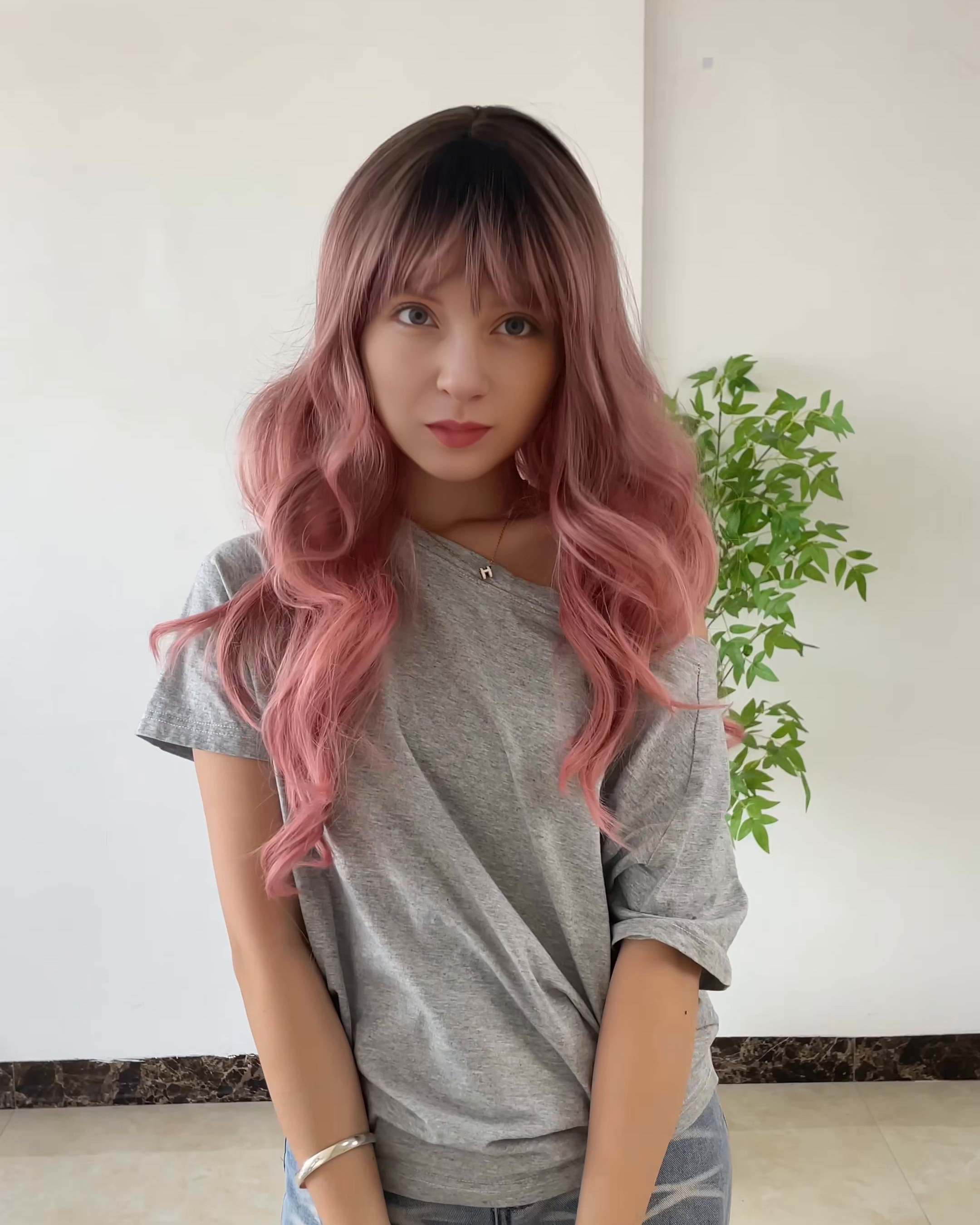 Pink Long Wavy Wig with Bangs