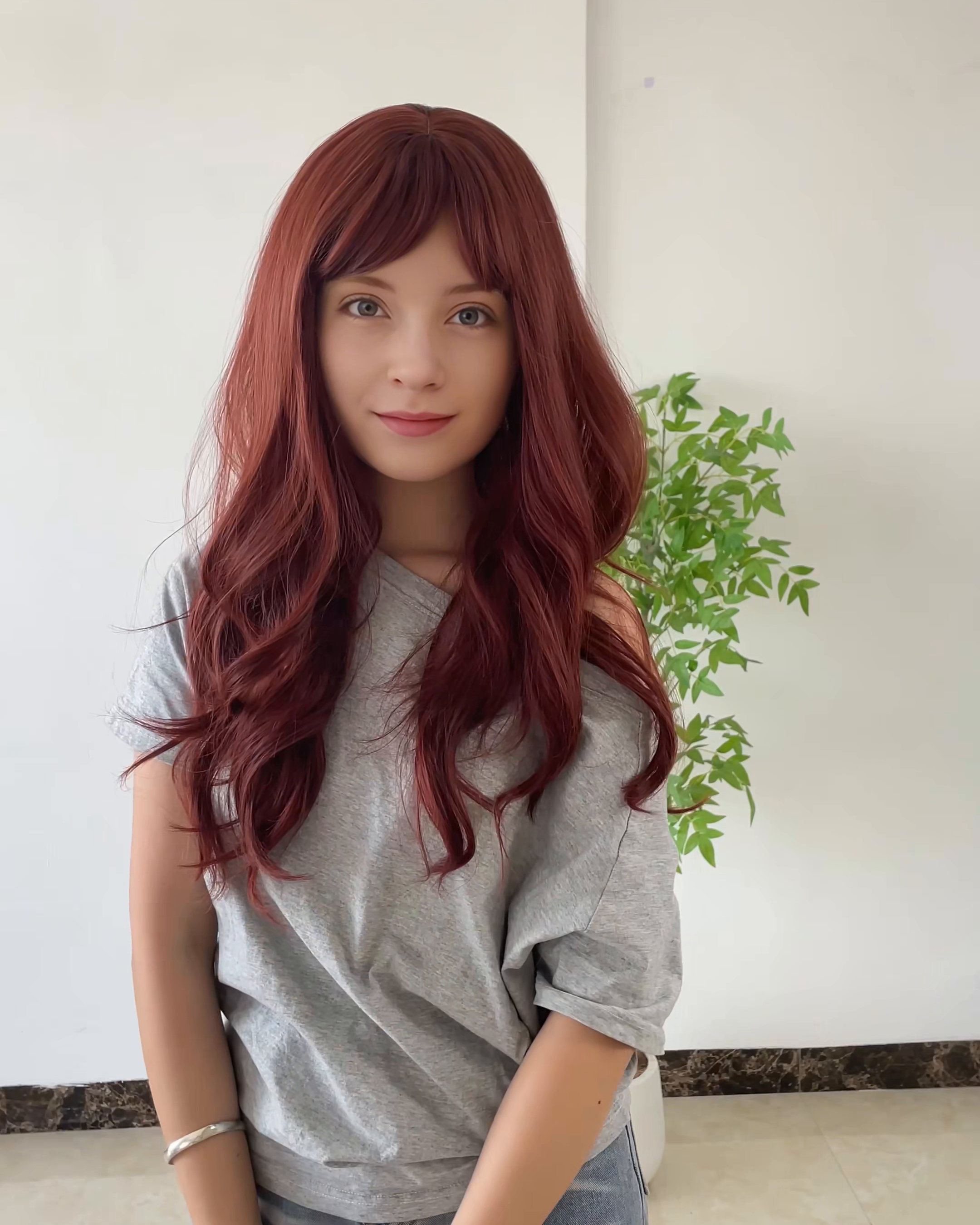 26 Inches Red Long Wavy Wig with Bangs