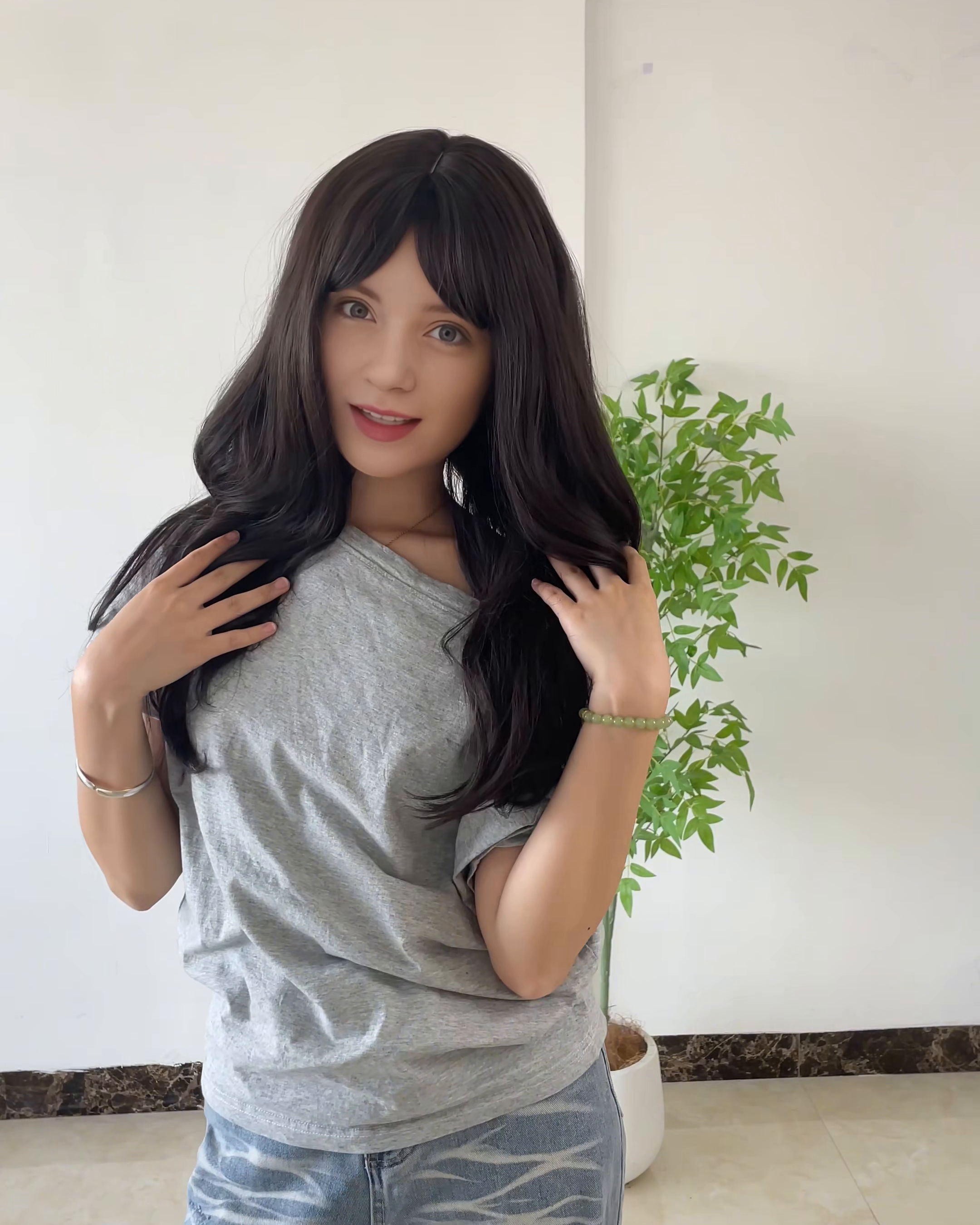 Dark Brown Long Wavy Wig with Bangs