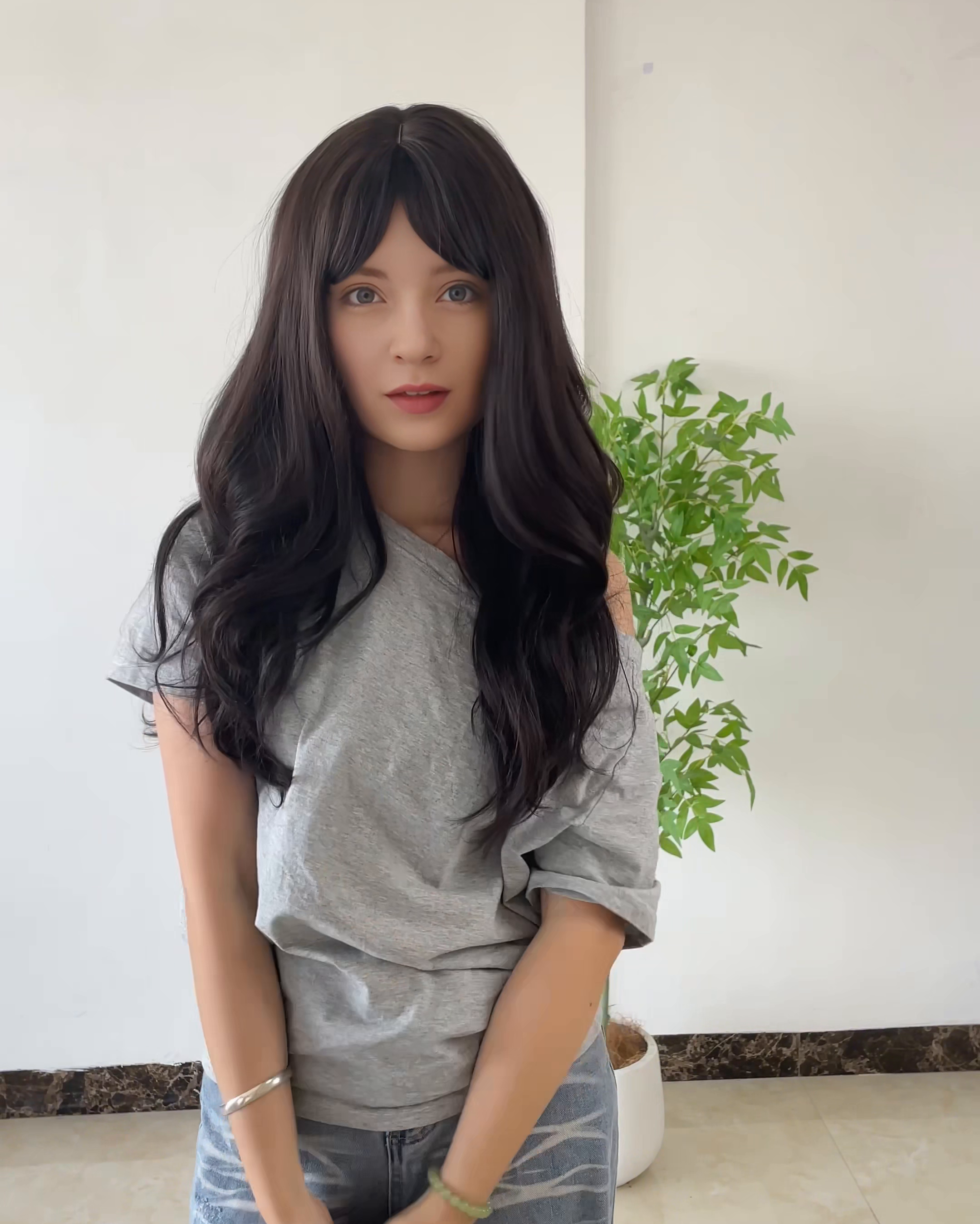 Dark Brown Long Wavy Wig with Bangs