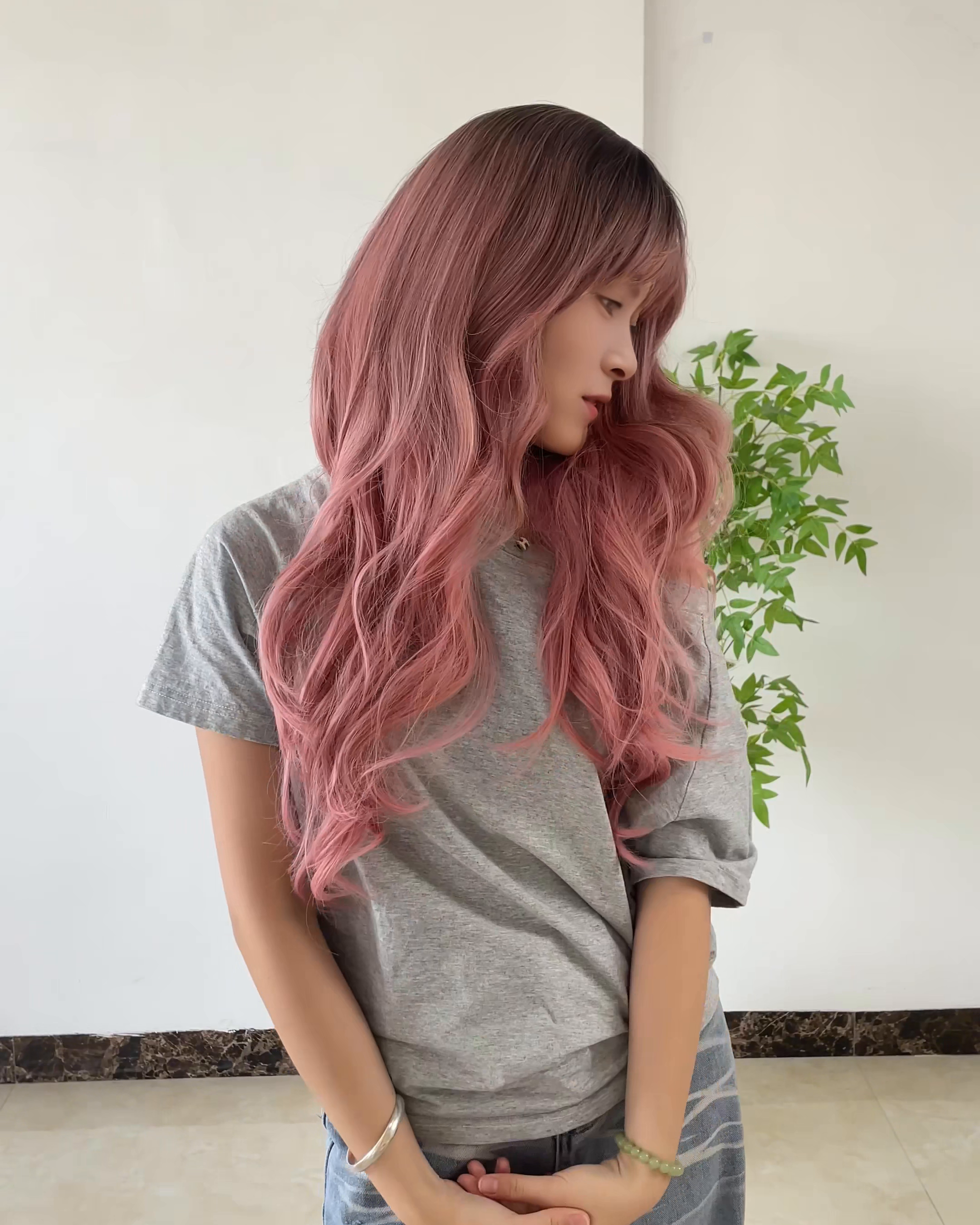 Pink Long Wavy Wig with Bangs
