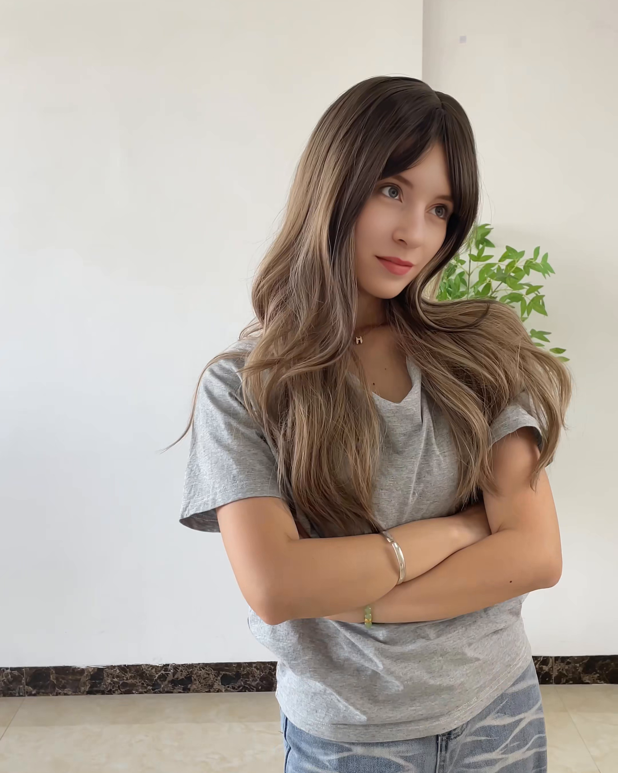 Brown Long Wavy Wig with Bangs