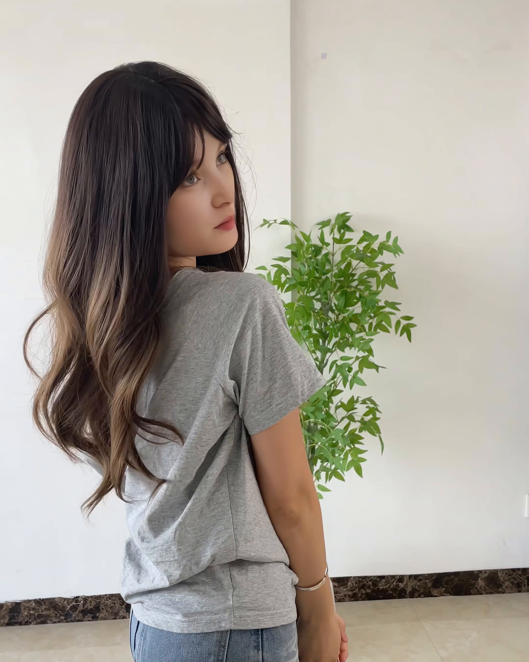 26 Inches Brown Long Wavy Wig with Bangs