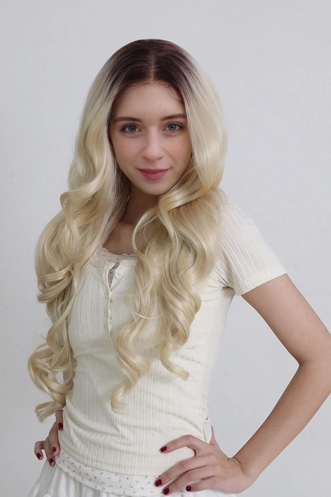 Elara — Dark Root Platinum Blonde · 26" | 13×6 Lace Front Wig