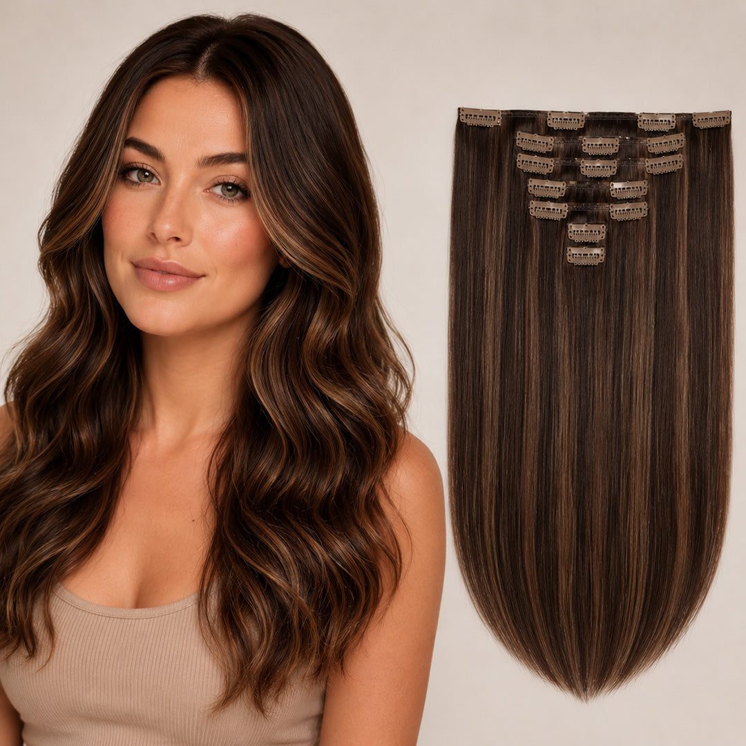 Seamless Clip-Ins, Dark Brown Caramel Highlights #2/6/27