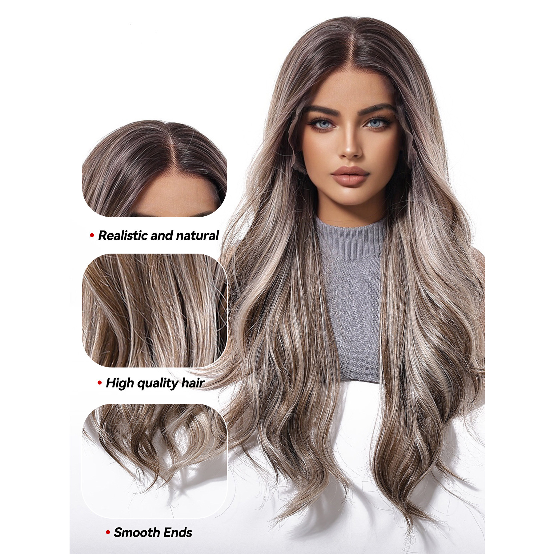 Ella 26” Body Wave HD Lace Front Wig - Ash Grey with White Blonde Highlights, Beginner-Friendly