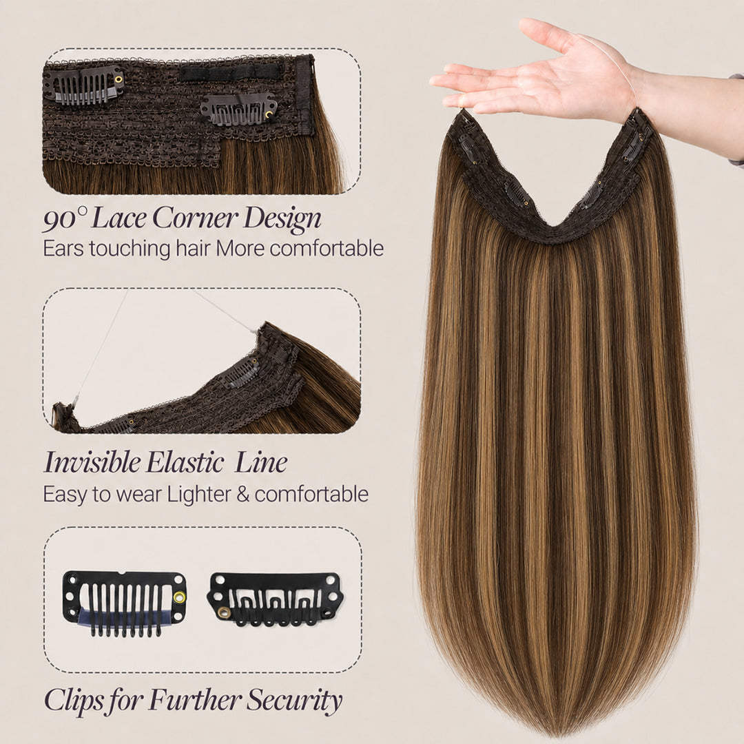 Invisible Halo Extensions, Chestnut Brown Honey Balayage #6/27