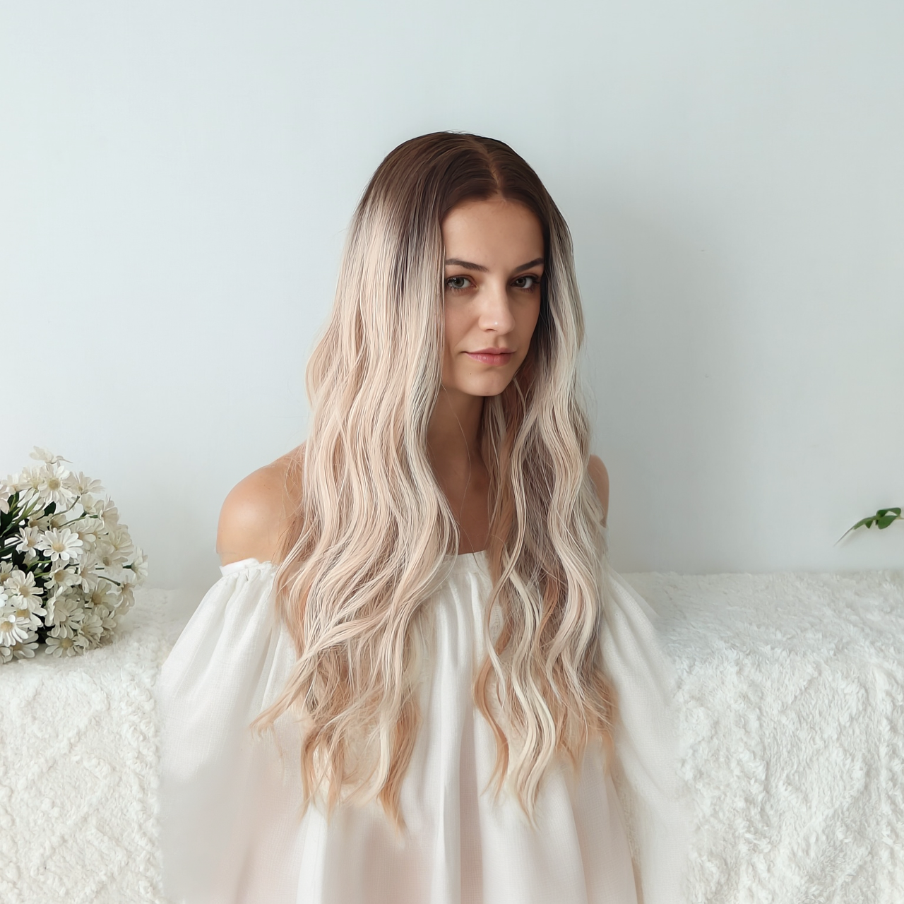 Nancy 26” Body Wave HD Lace Front Wig - Ombre White Blonde, Hand-Tied Monofilament Top