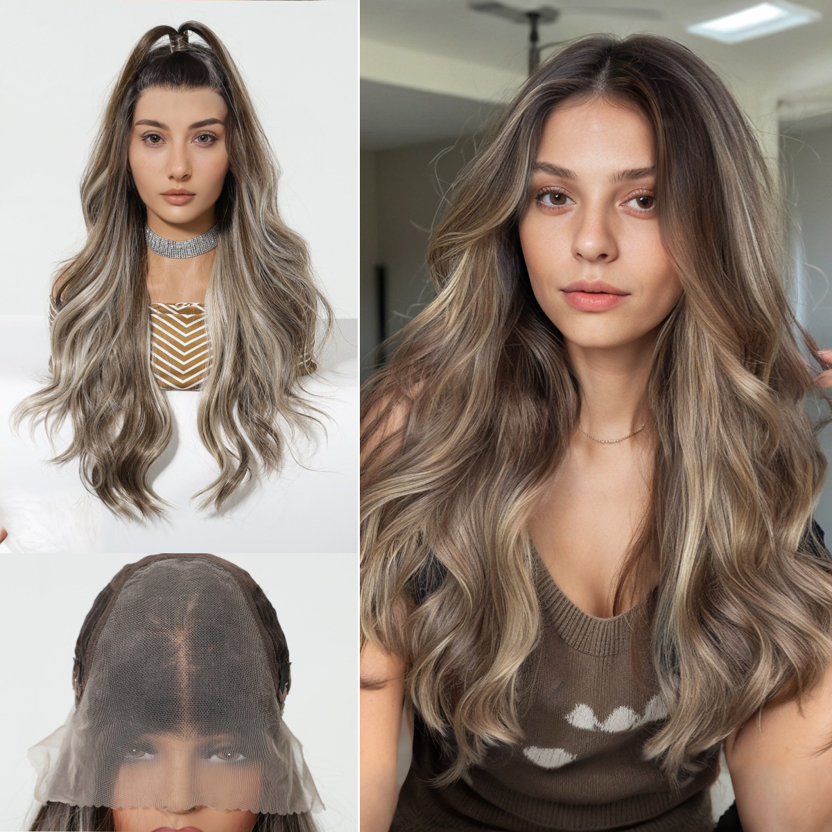 Body Wave HD Lace Front Wig - Ash Brown with White Blonde Highlights, 100% Hand-Tied Mono Top, 26 Inch (65cm)