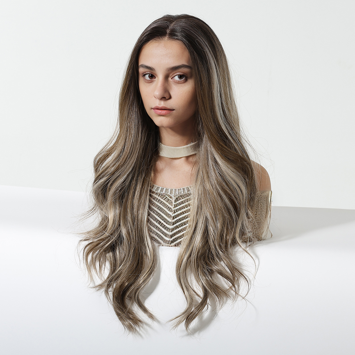 Body Wave HD Lace Front Wig - Ash Brown with White Blonde Highlights, 100% Hand-Tied Mono Top, 26 Inch (65cm)