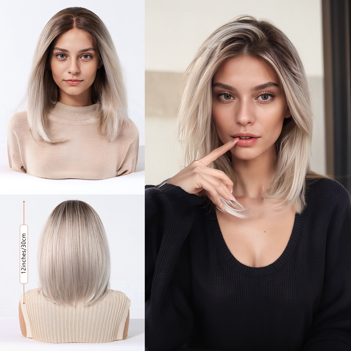 Straight HD Lace Front Wig - Ombre White Blonde, Pre-Plucked Hairline, Hand-Tied, 12 Inch (30cm)