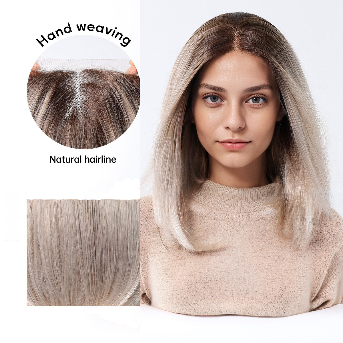 Straight HD Lace Front Wig - Ombre White Blonde, Pre-Plucked Hairline, Hand-Tied, 12 Inch (30cm)