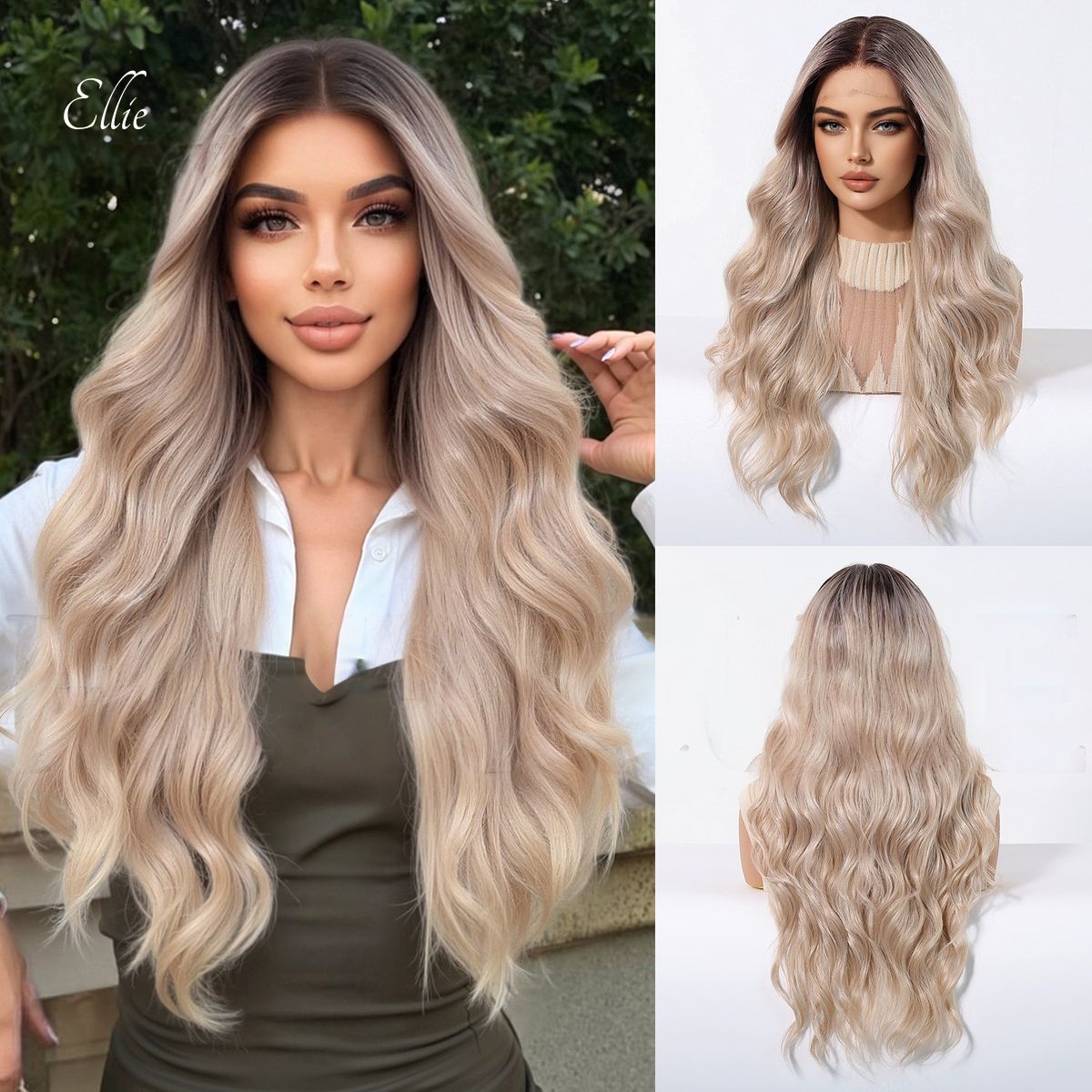 Ellie 26” Body Wave HD Lace Front Wig - Ombre White Blonde, Hand-Tied Monofilament Top