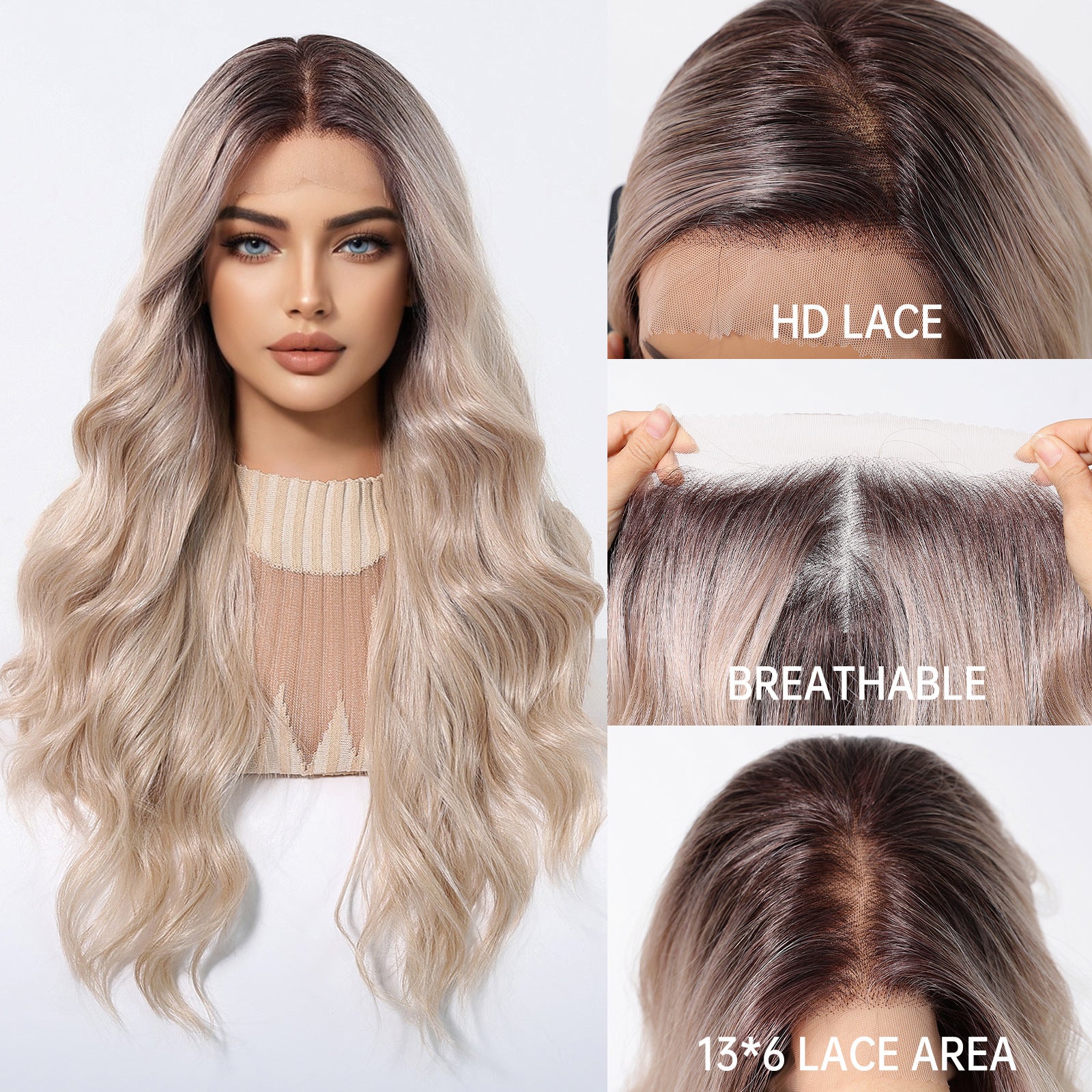 Ellie 26” Body Wave HD Lace Front Wig - Ombre White Blonde, Hand-Tied Monofilament Top