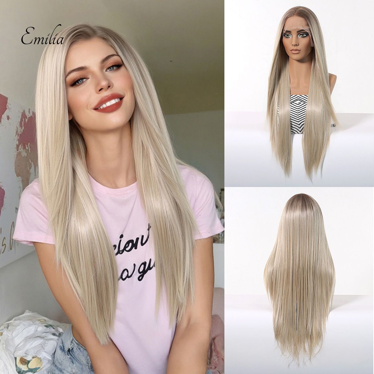 Emilia | White Blonde Long Straight 13*6 HD Lace Frontal Wig (Hand-Tied)