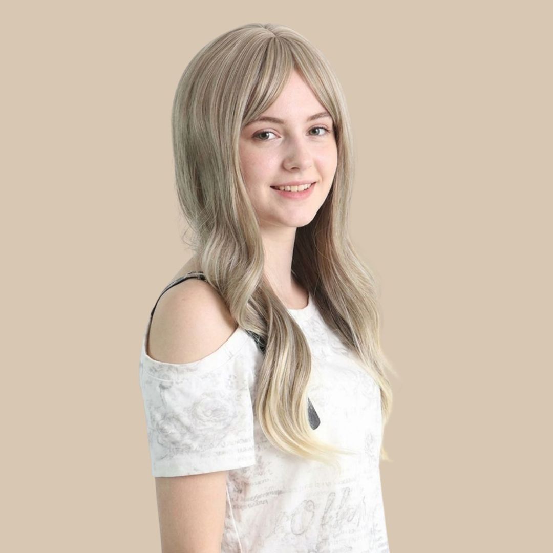 Grey Long Wavy Wig with Bangs