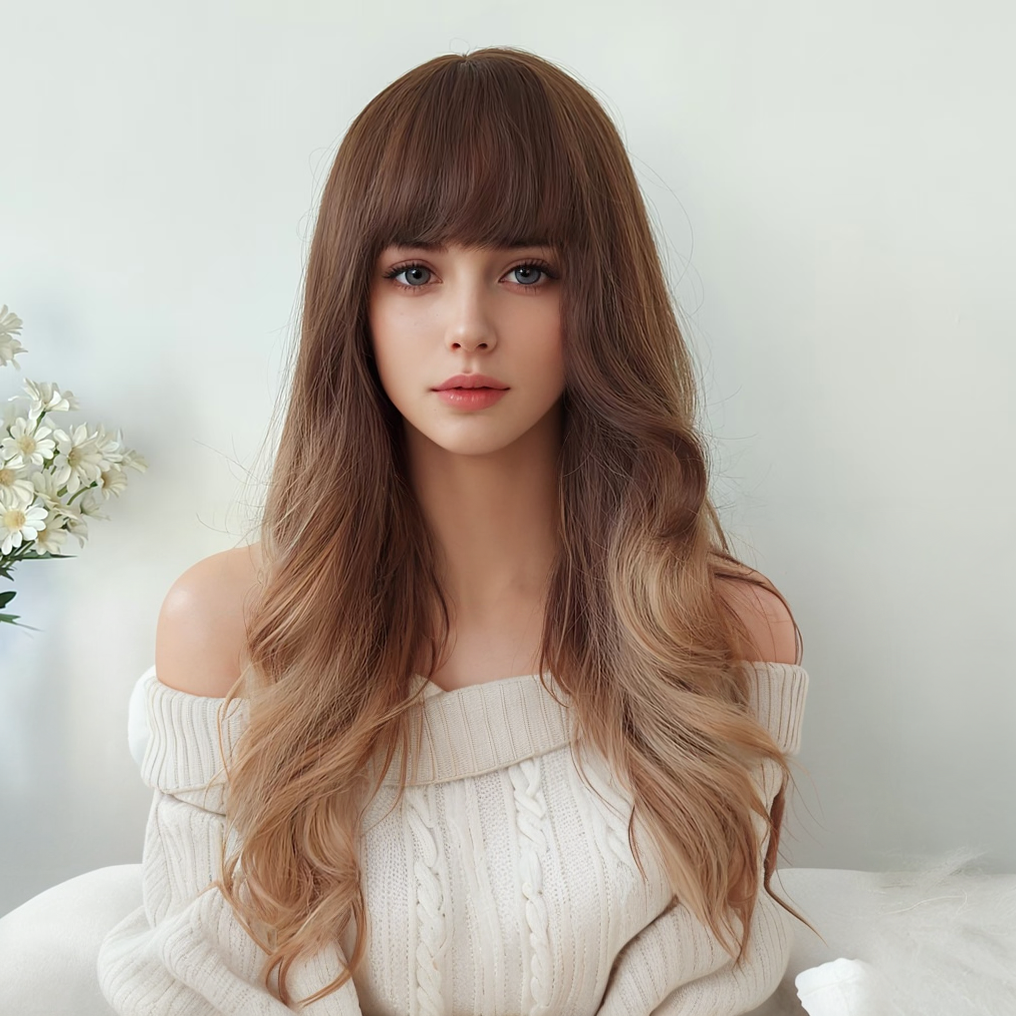 Blonde Long Wavy Wig with Bangs