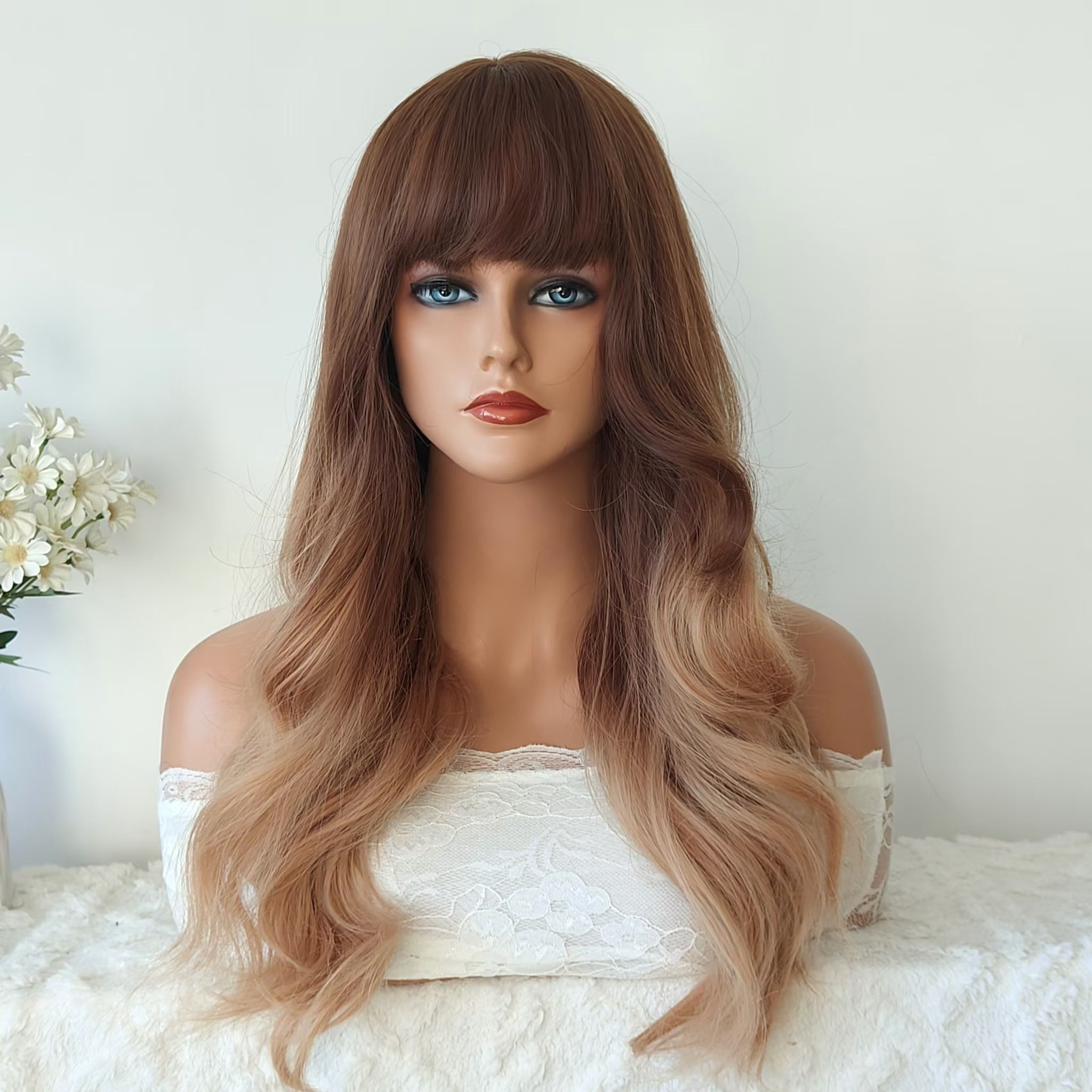 Blonde Long Wavy Wig with Bangs