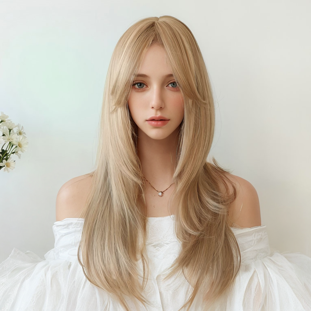 Blonde Long Wig with Curtain Bangs