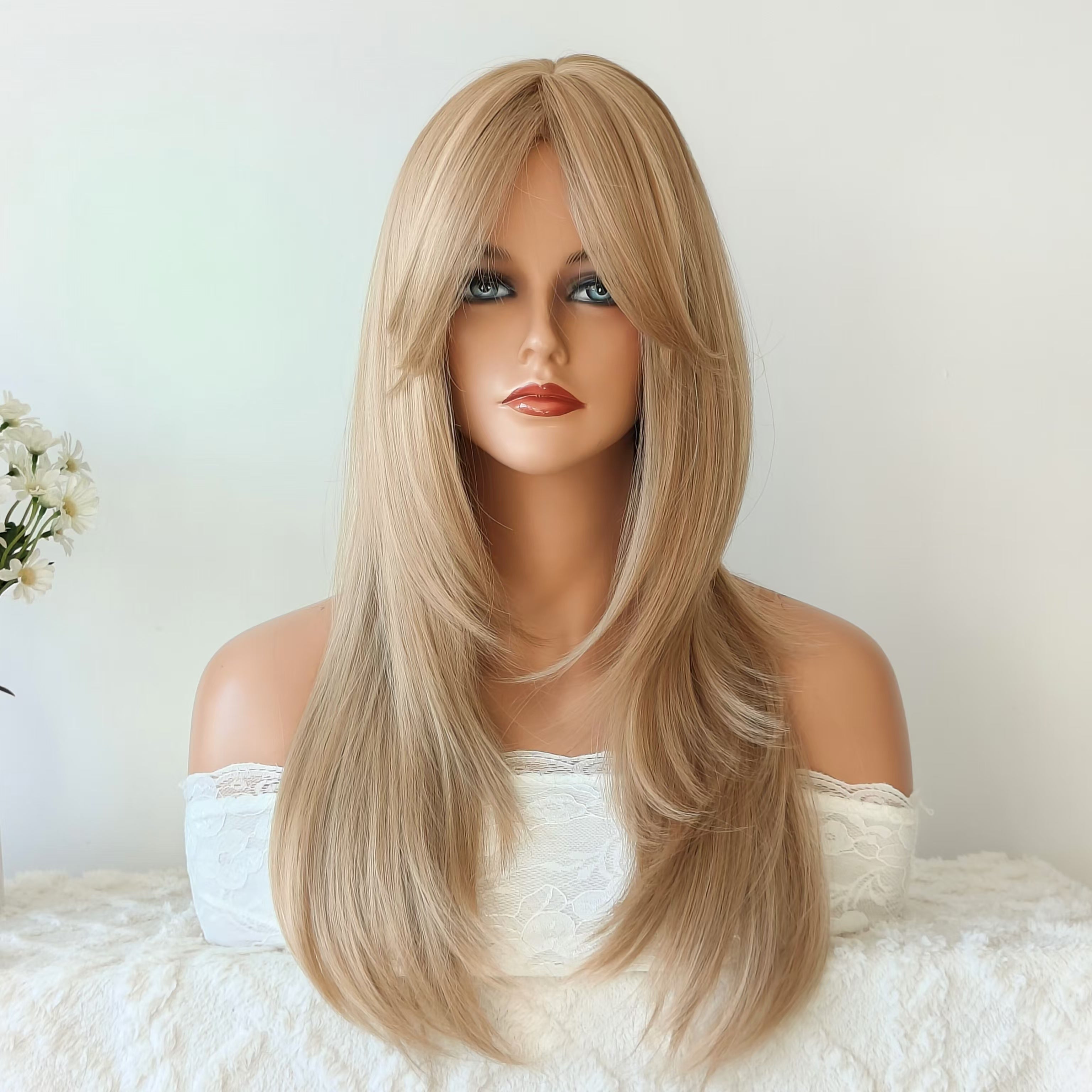 Blonde Long Wig with Curtain Bangs