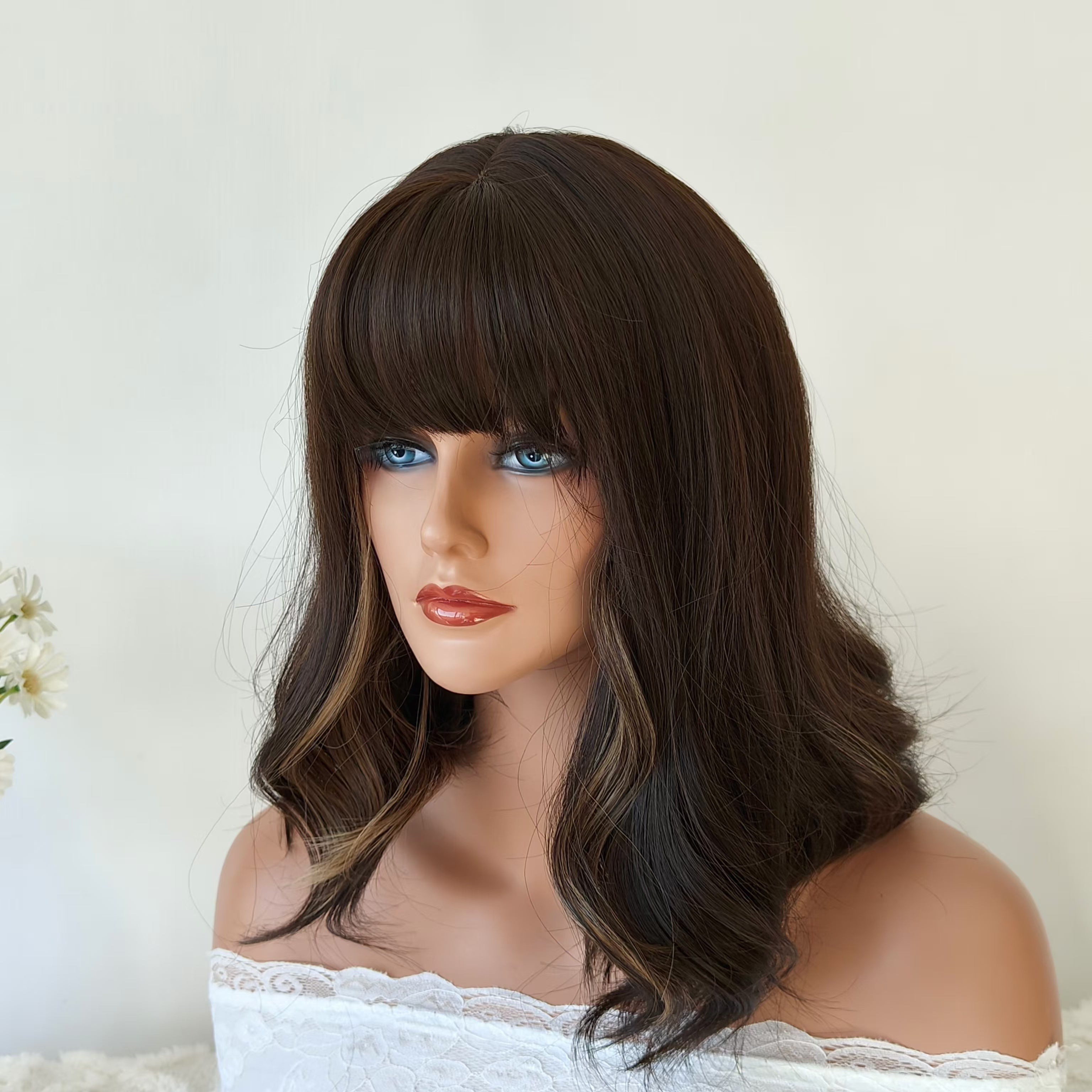 Dark Brown Short Wavy Wig with bangs
