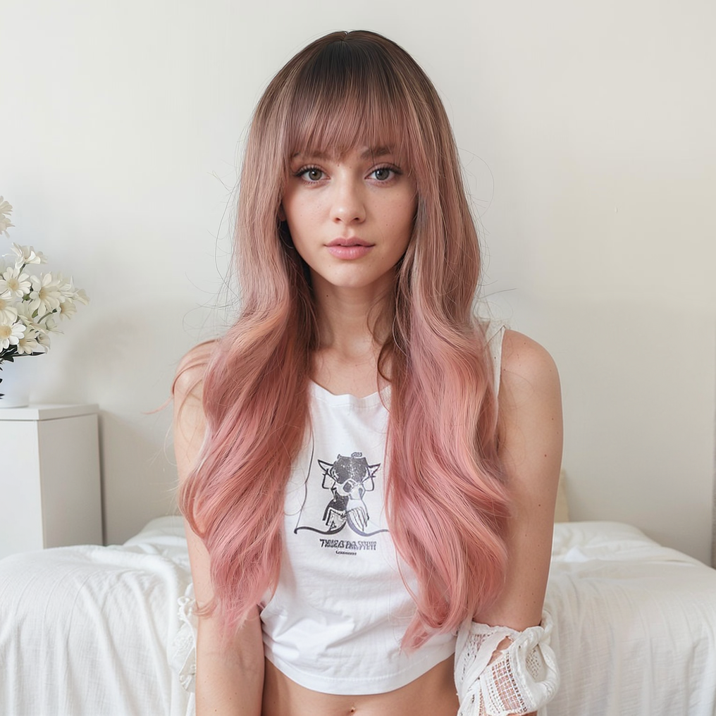 Pink Long Wavy Wig with Bangs