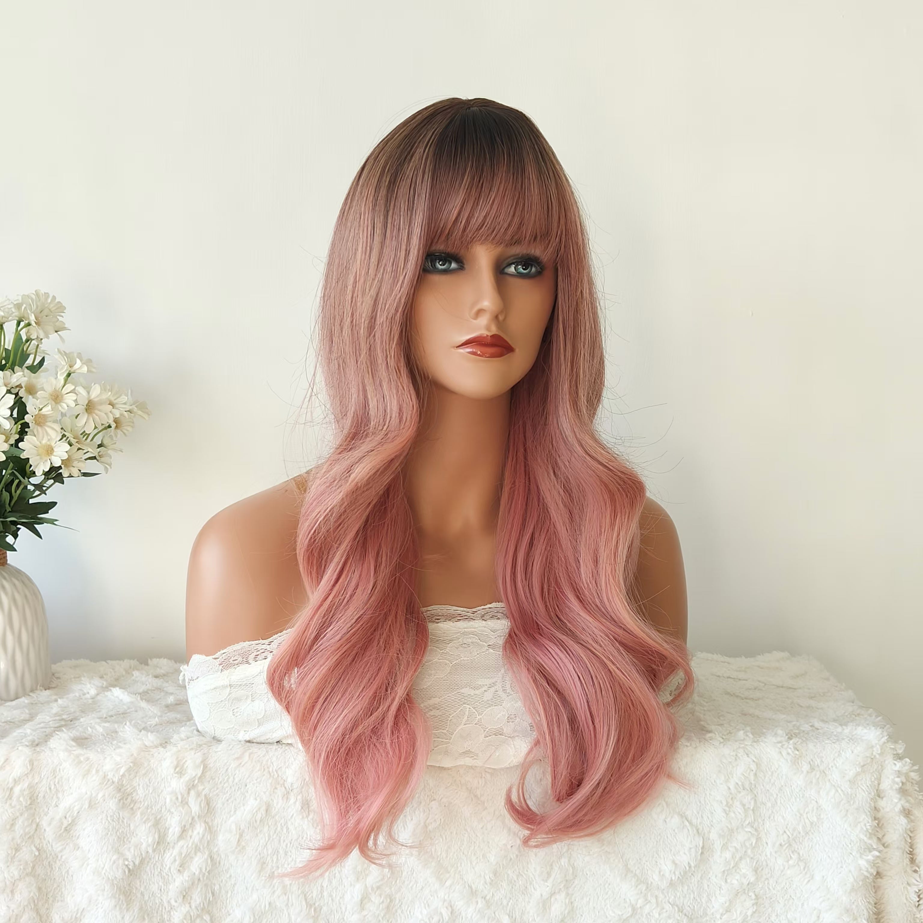 Pink Long Wavy Wig with Bangs