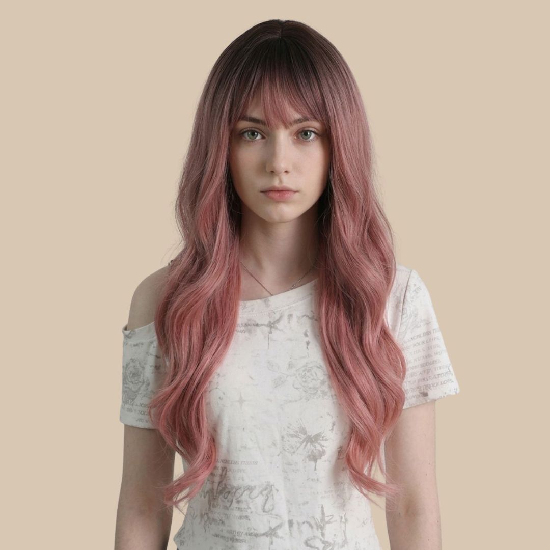 Pink Long Wavy Wig with Bangs