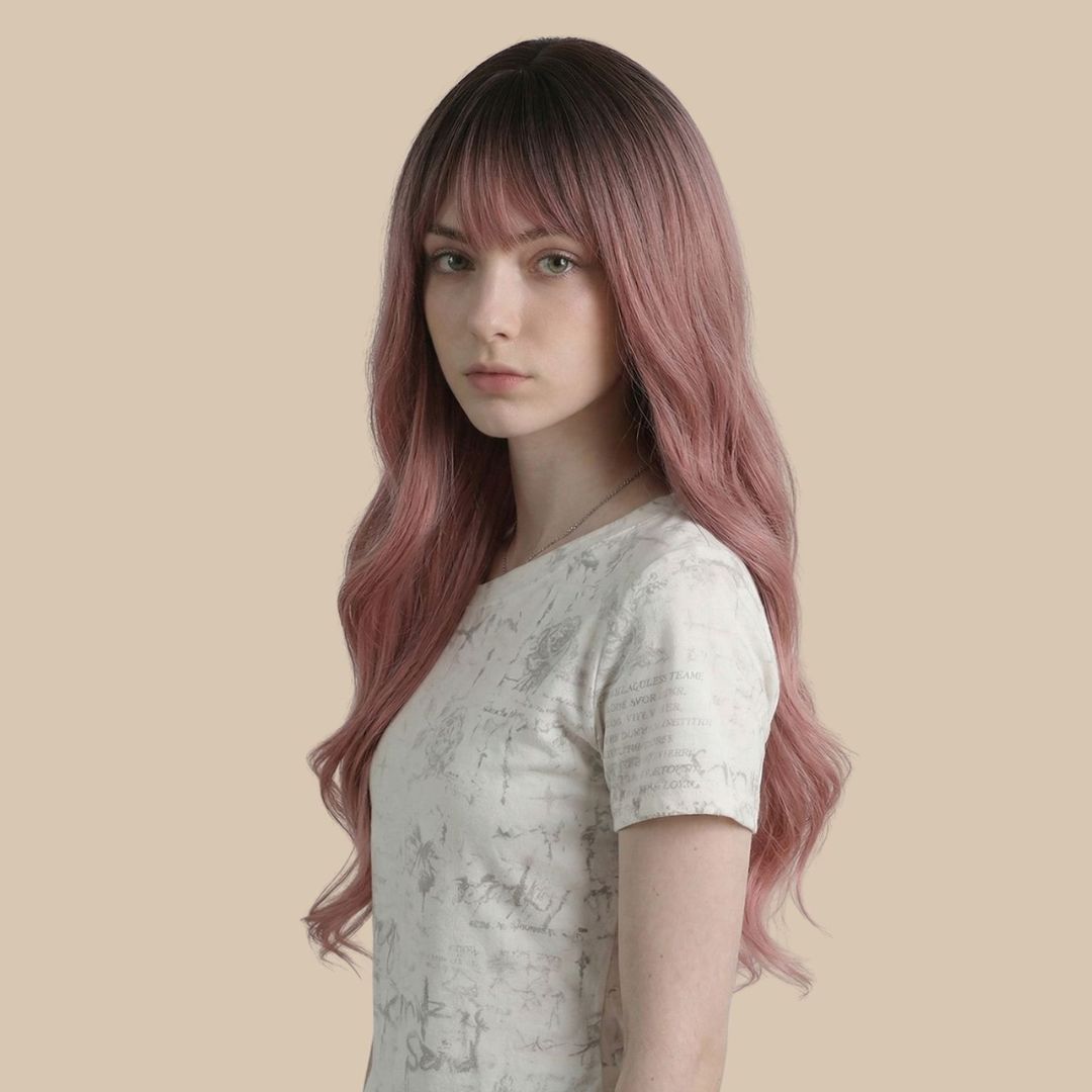 Pink Long Wavy Wig with Bangs