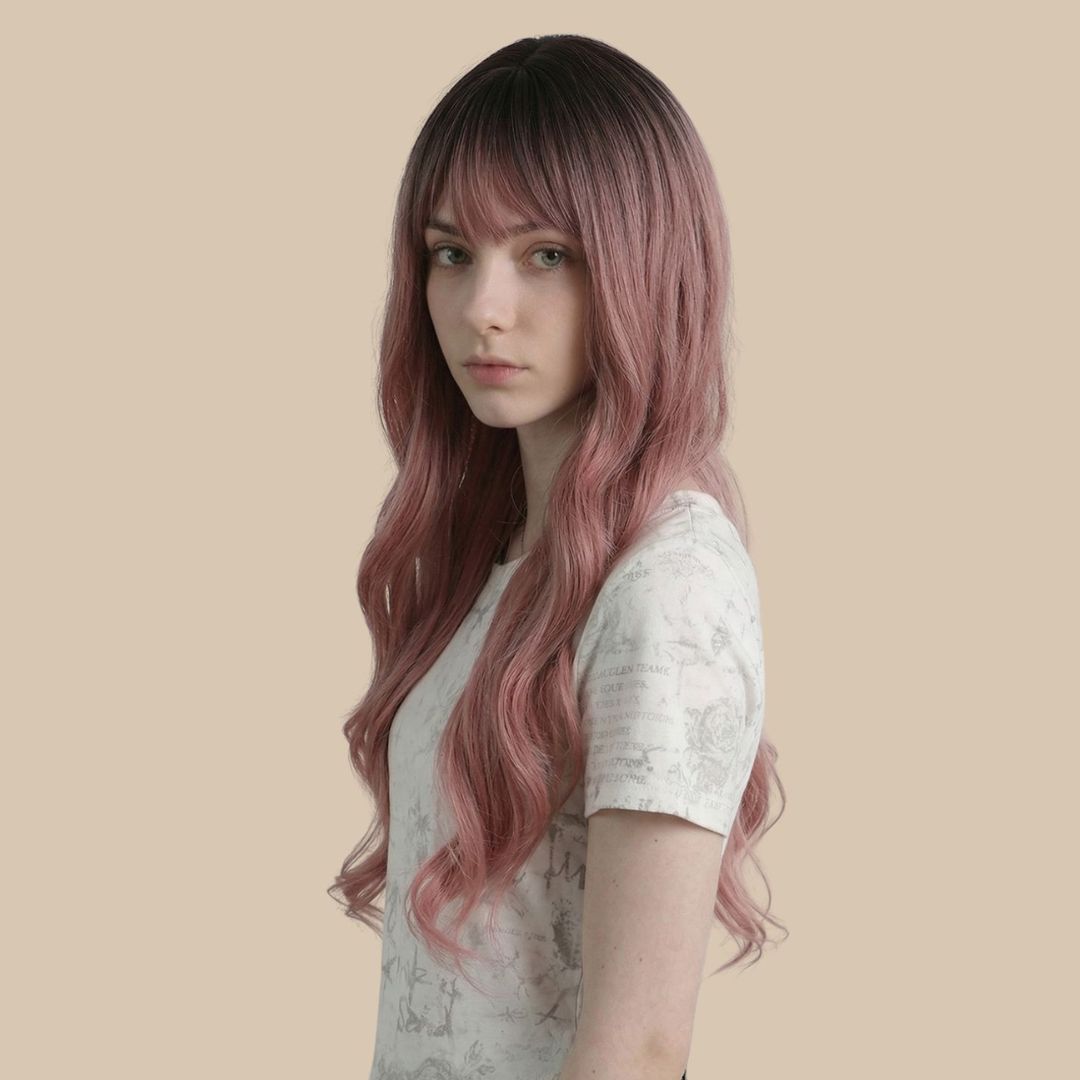 Pink Long Wavy Wig with Bangs